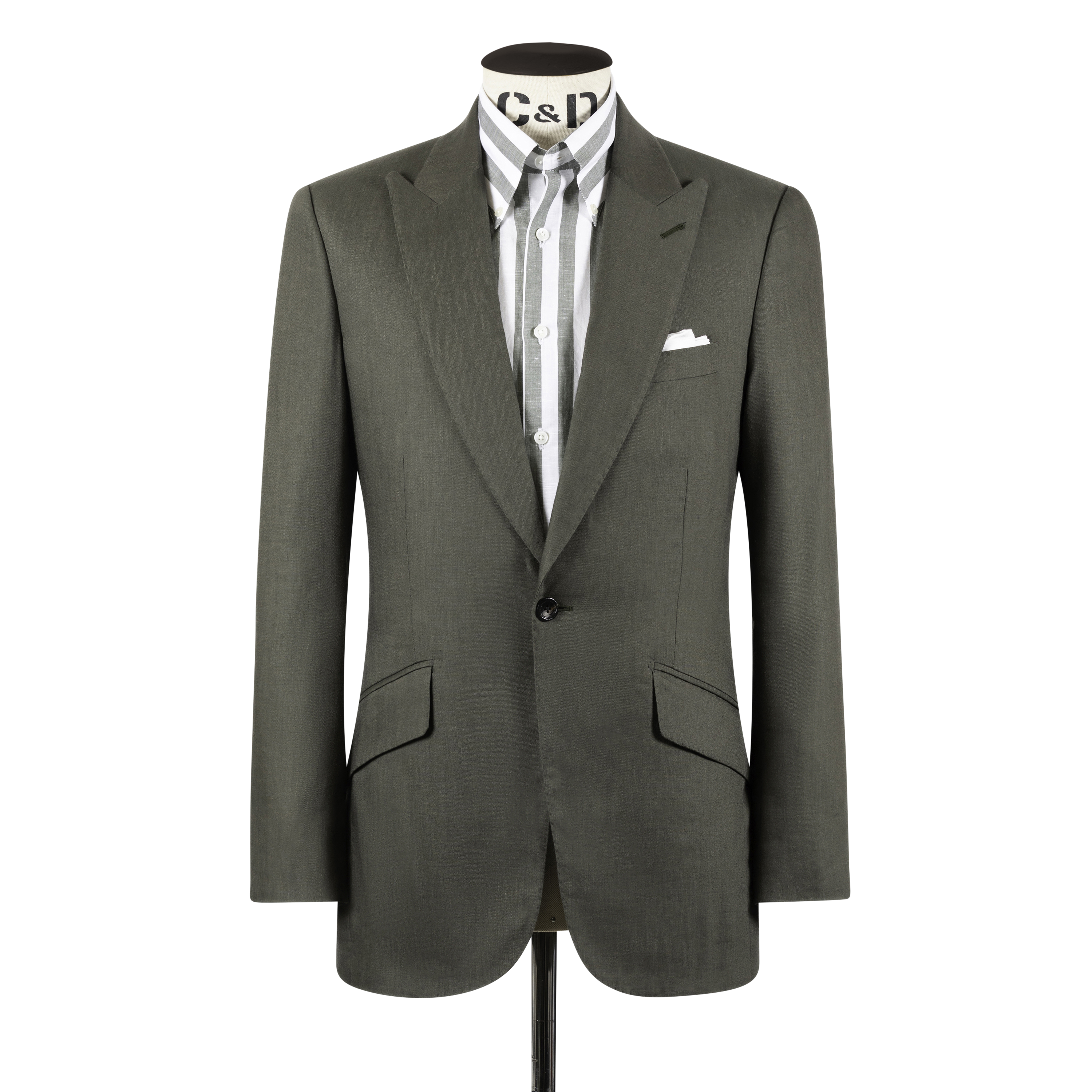 Single Breasted Peak Lapel Suit in Green Wool, Silk and Linen
