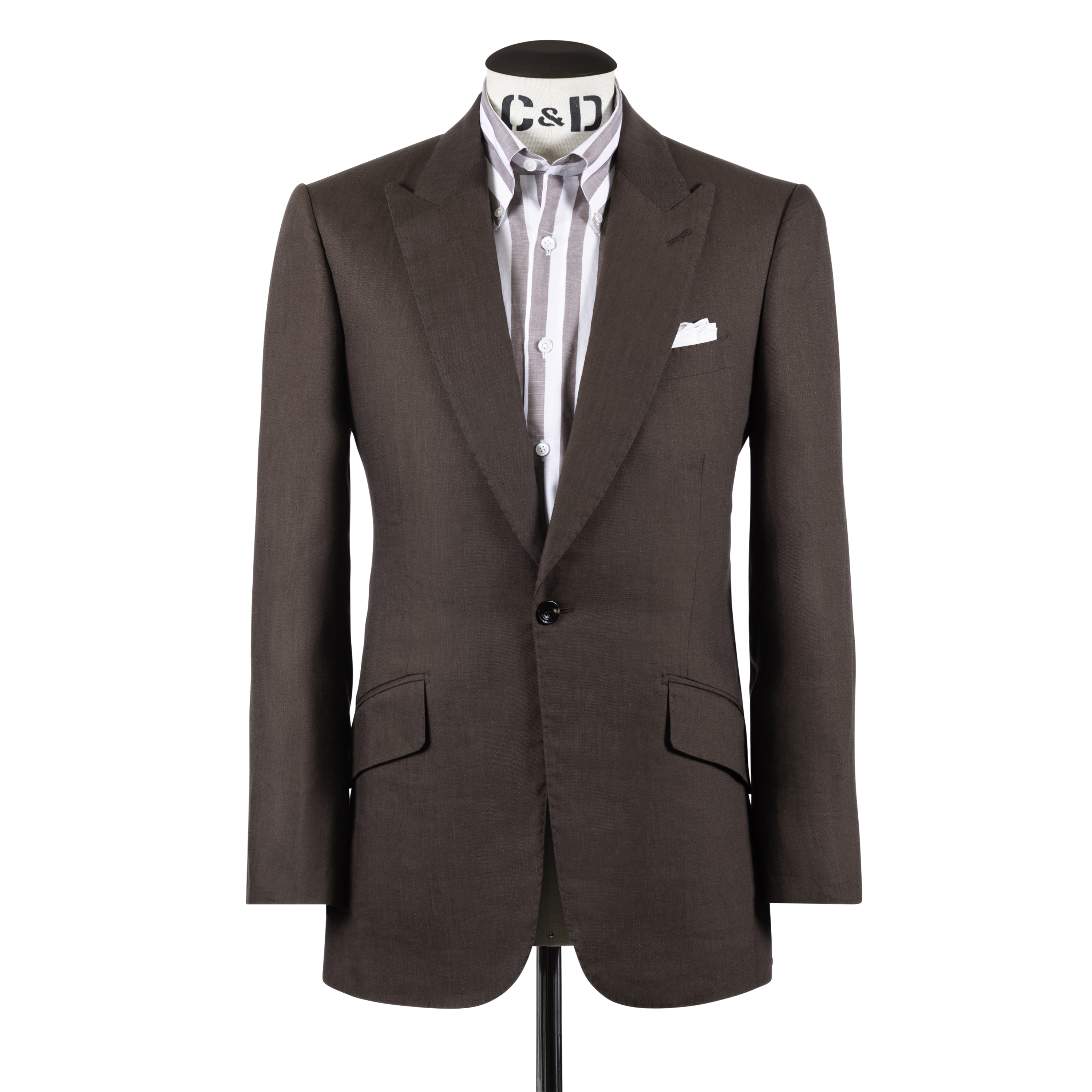 Single Breasted Peak Lapel Suit in Brown Wool, Silk and Linen