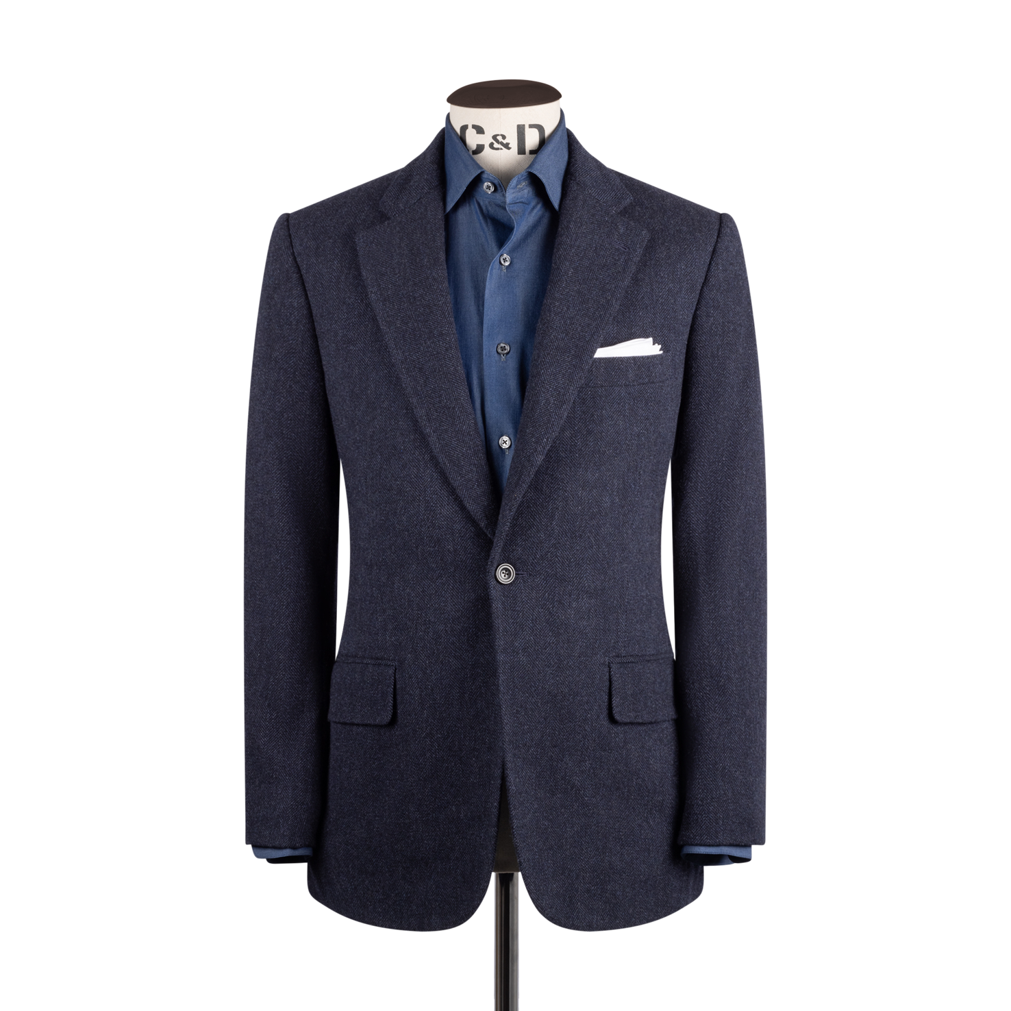 Single Breasted Notch Lapel Jacket in Mid Blue Herringbone Single Breasted Notch Lapel Jacket in Mid Blue Herringbone