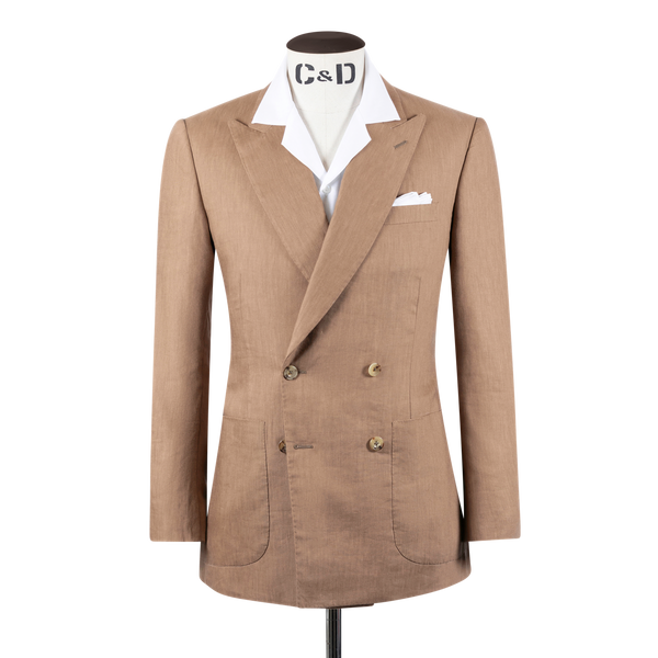 Double Breasted Peak Lapel Suit in Tobacco Wool, Silk and Linen