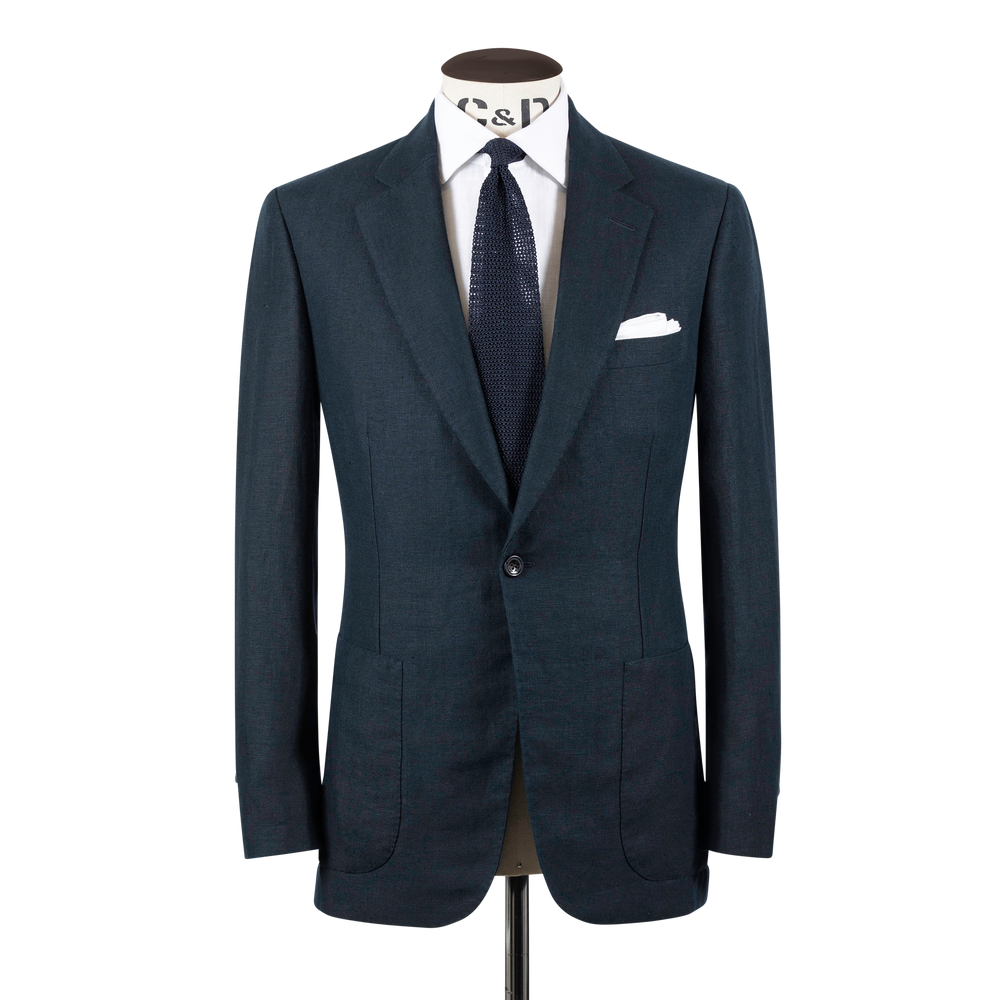 Single Breasted Notch Lapel Jacket in Navy Linen