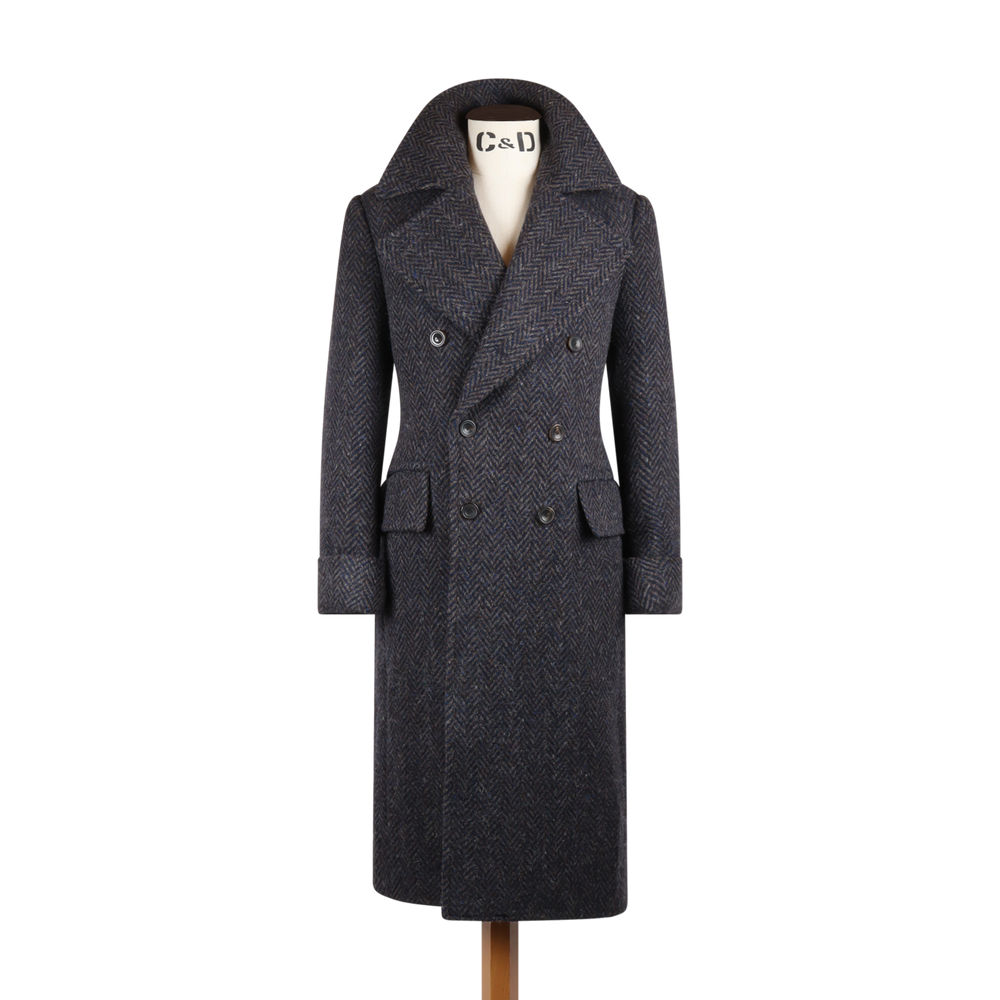 Greatcoat in Navy and Brown Herringbone Donegal Wool