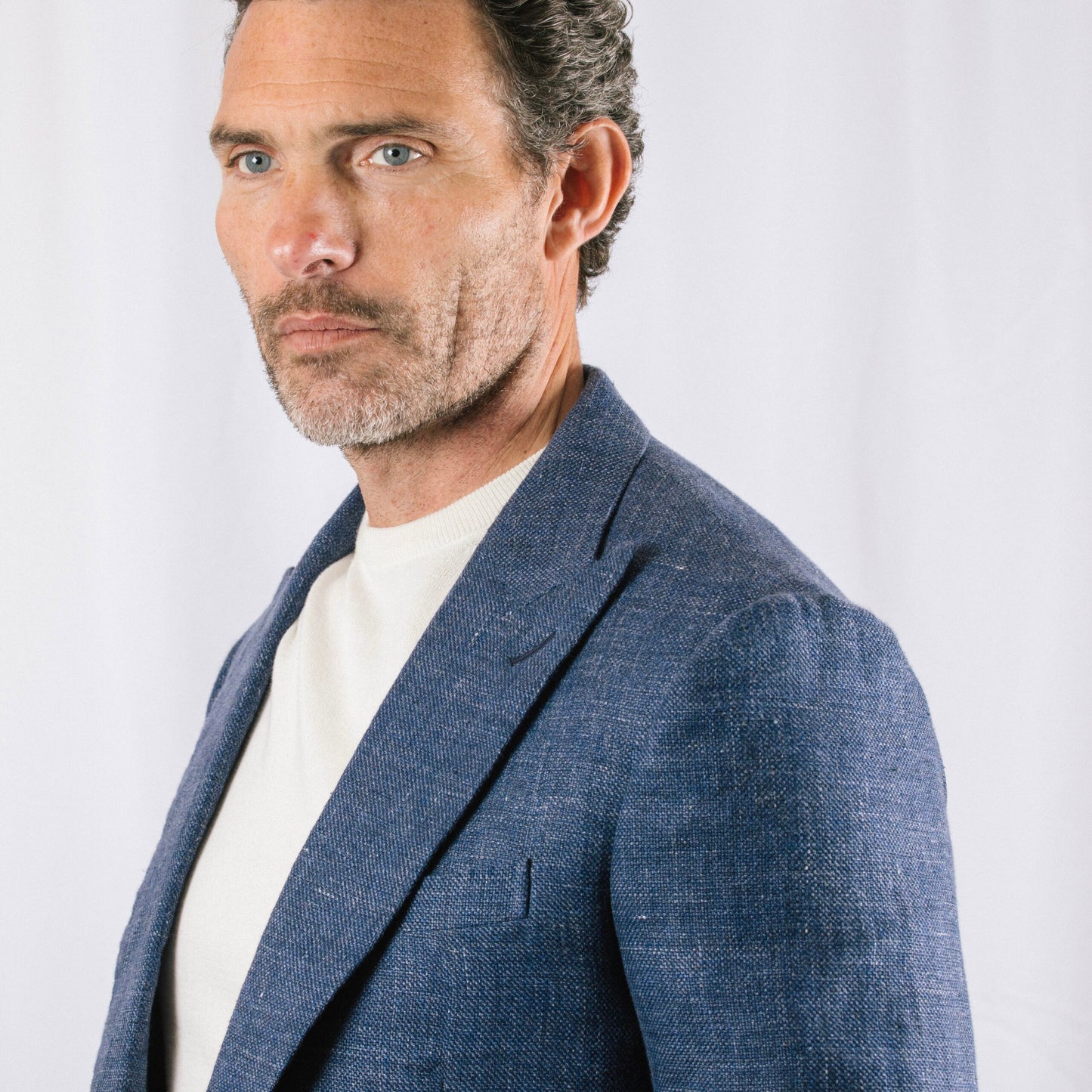 
                  
                    Peak Lapel Jacket in Airforce Blue Wool, Silk & Linen Hopsack
                  
                
