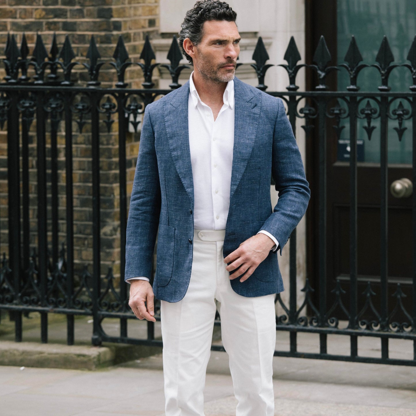 
                  
                    Peak Lapel Jacket in Airforce Blue Wool, Silk & Linen Hopsack
                  
                