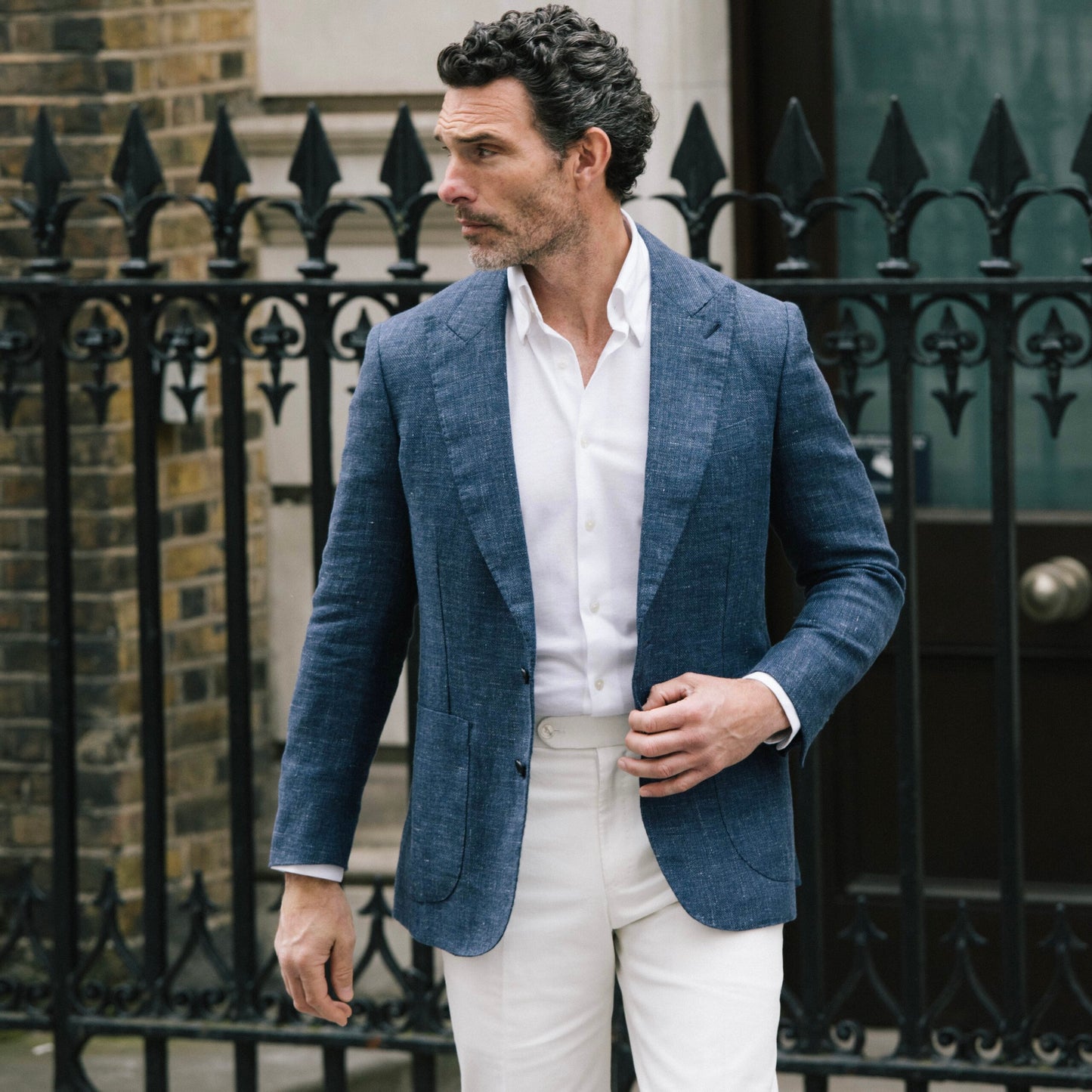 
                  
                    Peak Lapel Jacket in Airforce Blue Wool, Silk & Linen Hopsack
                  
                
