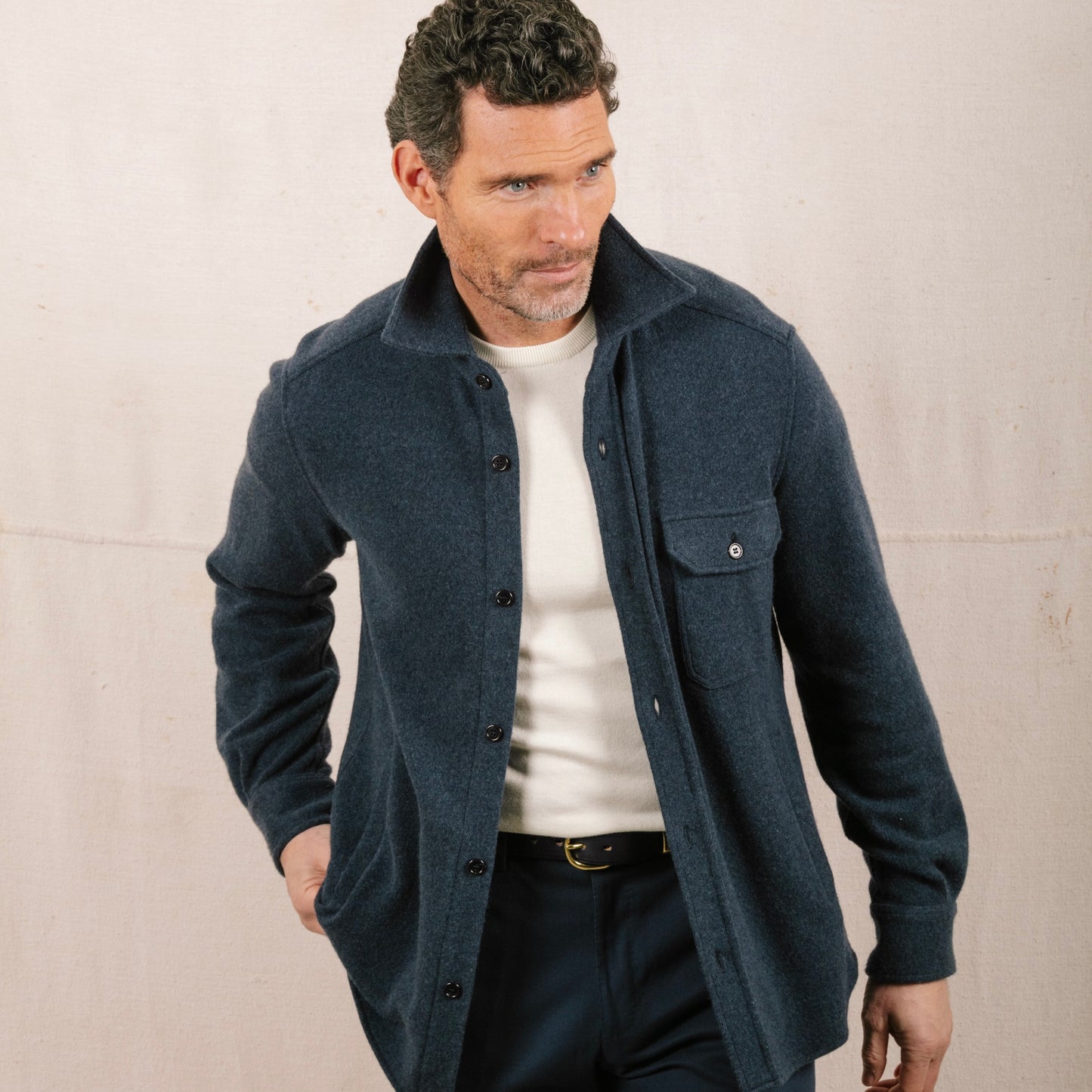 
                  
                    Knitted Shirt Jacket in Airforce Blue
                  
                