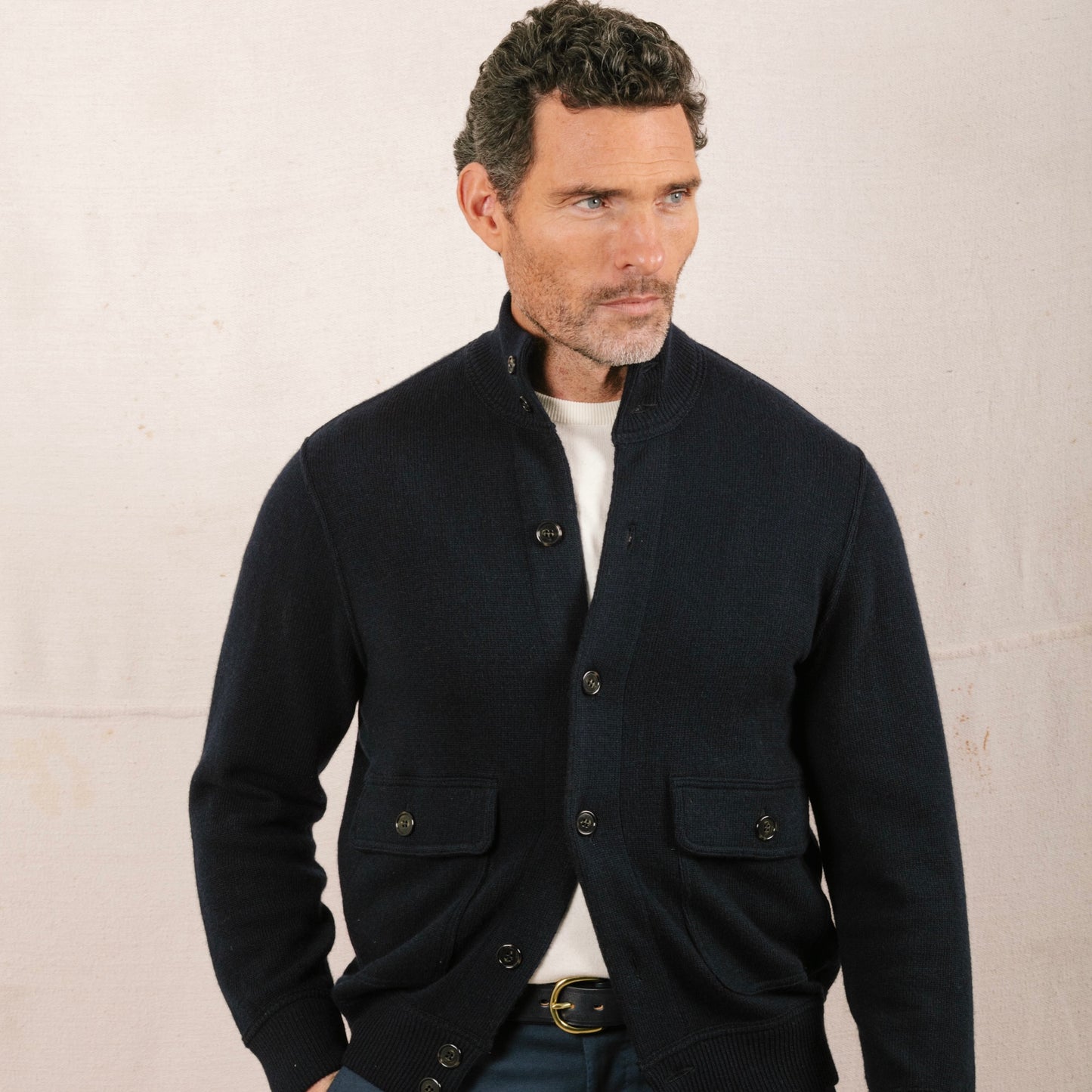 
                  
                    Knitted Bomber in Navy Blue
                  
                