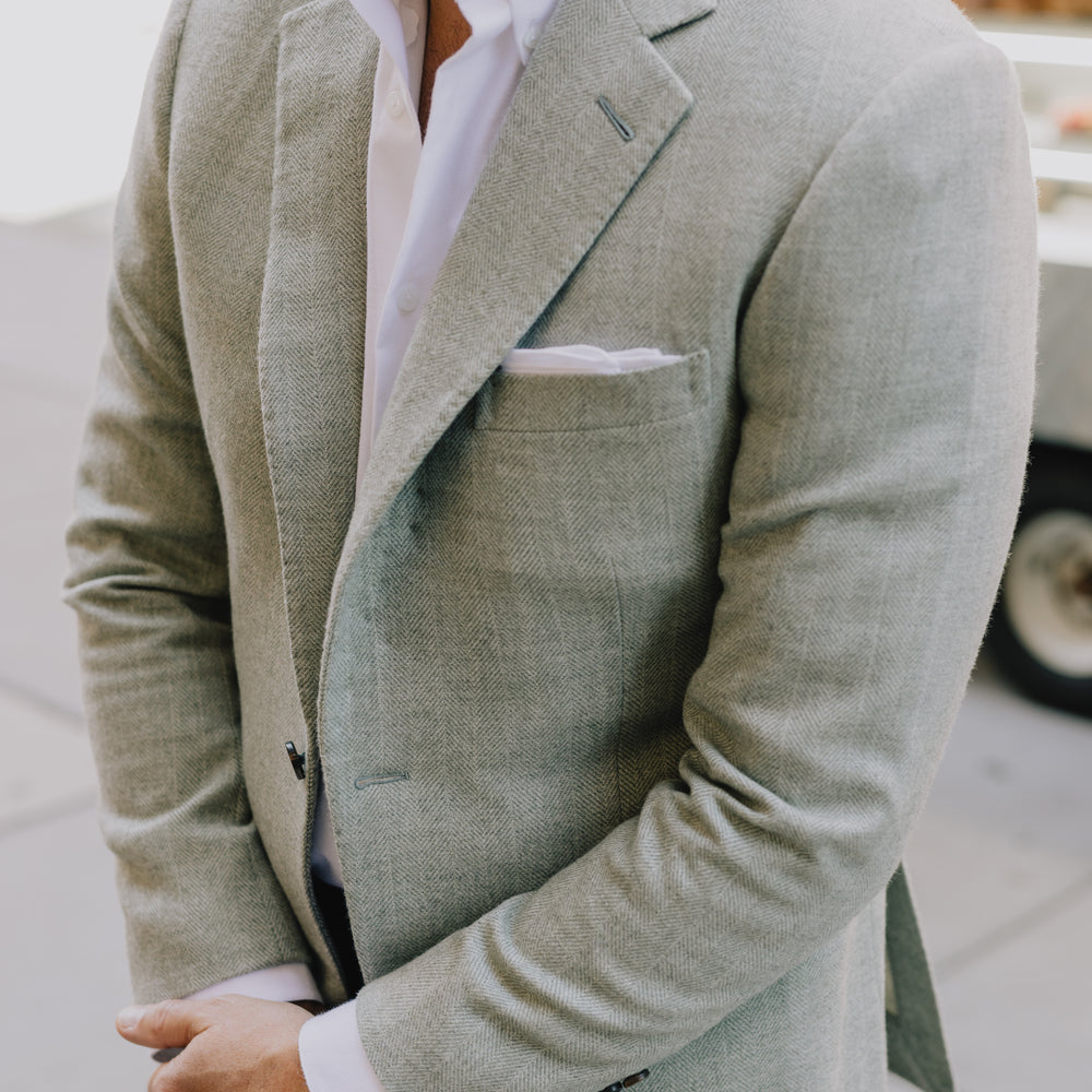 
                  
                    Single Breasted Notch Jacket in Sage Herringbone
                  
                