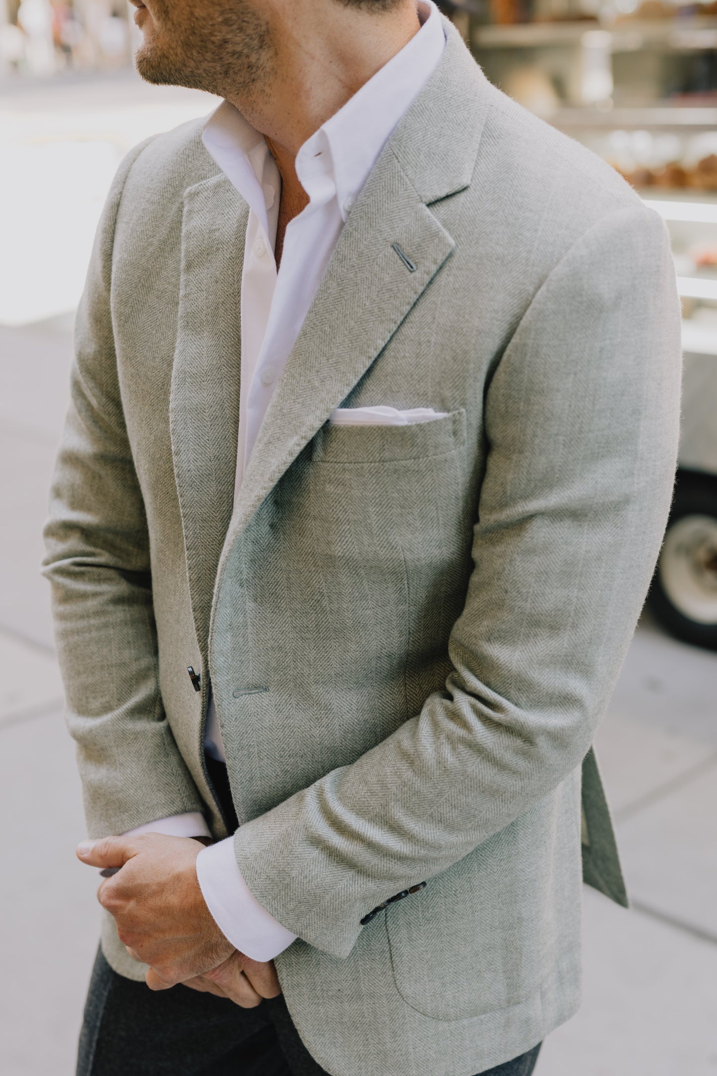 
                  
                    Single Breasted Notch Jacket in Sage Herringbone
                  
                