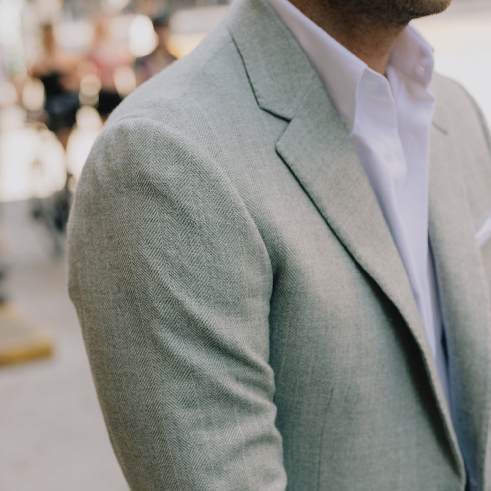 
                  
                    Single Breasted Notch Jacket in Sage Herringbone
                  
                