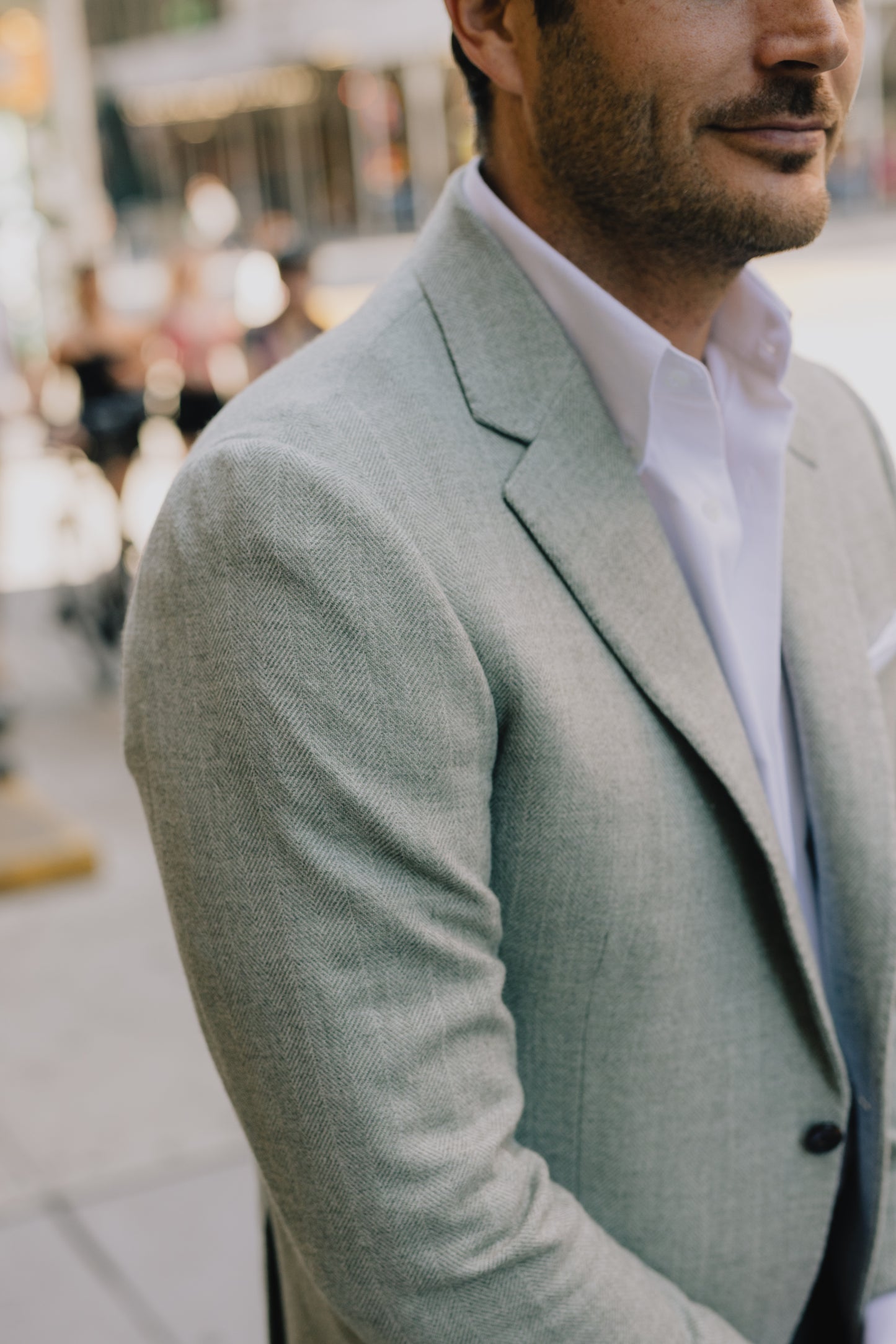 
                  
                    Single Breasted Notch Jacket in Sage Herringbone
                  
                