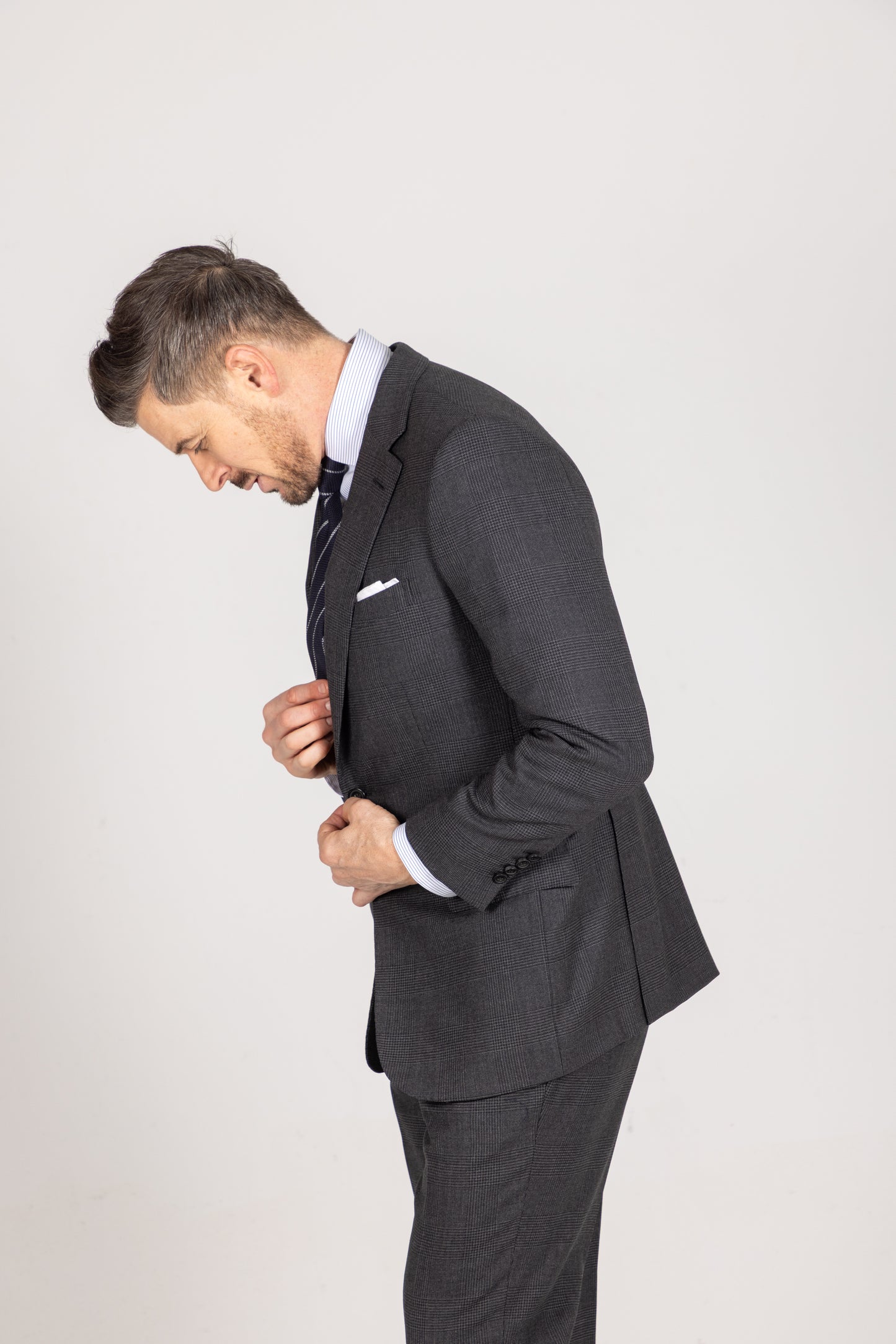 
                  
                    Single Breatsed Notch Suit in Charcoal Check Wool
                  
                
