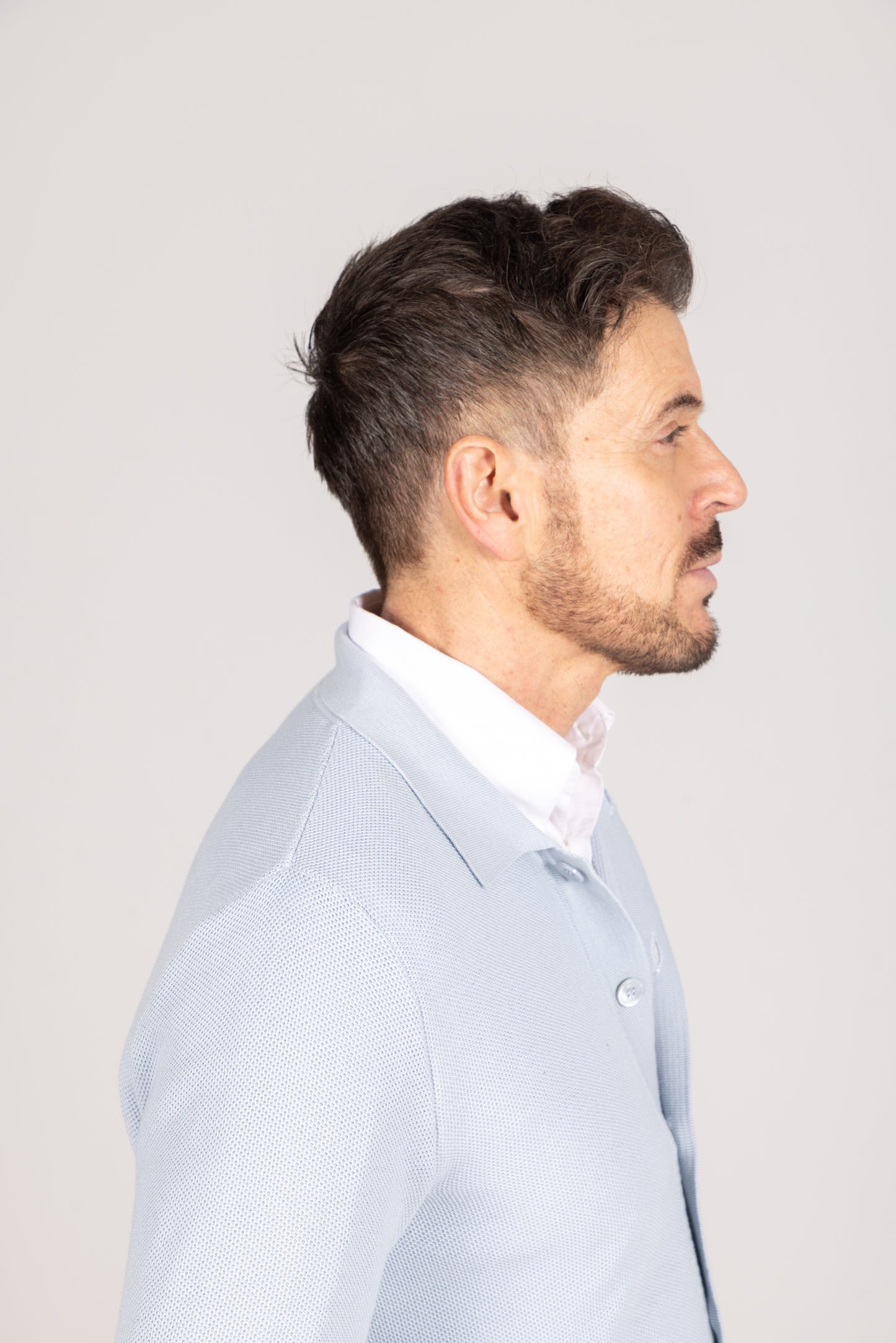 
                  
                    Polo Collar Cardigan in Sky Blue Piquet
                  
                