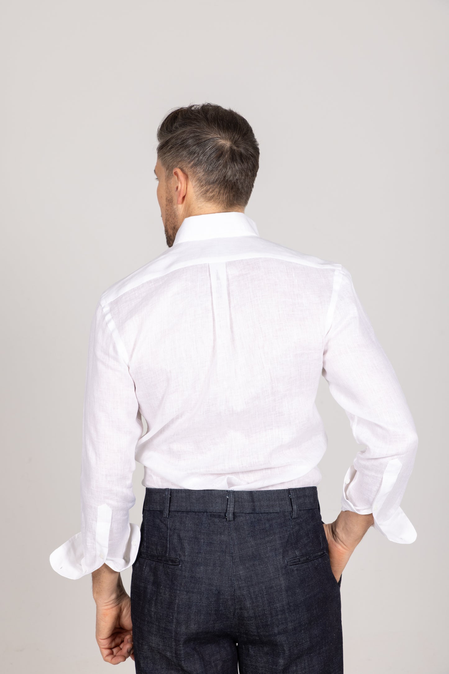 
                  
                    One Piece Collar Shirt in White Linen
                  
                