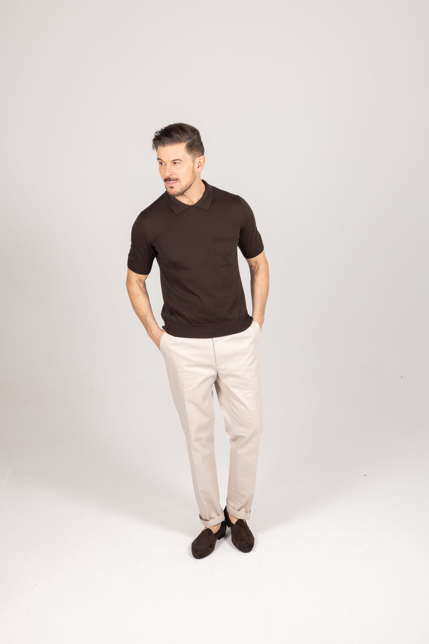 
                  
                    Crewneck Polo in Chocolate Brown Cotton Cashmere
                  
                