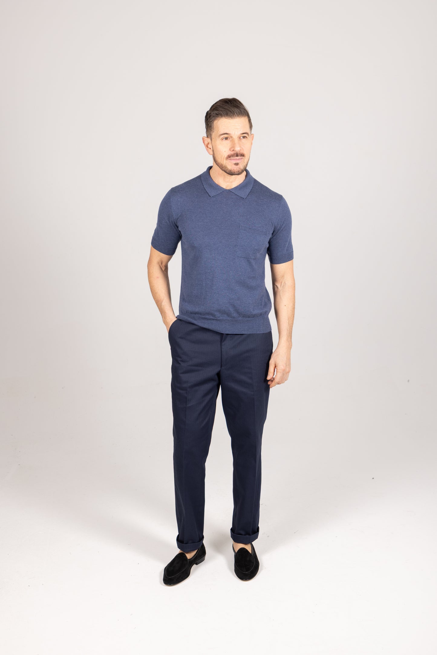 
                  
                    Crewneck Polo in Denim Blue Cotton Cashmere
                  
                