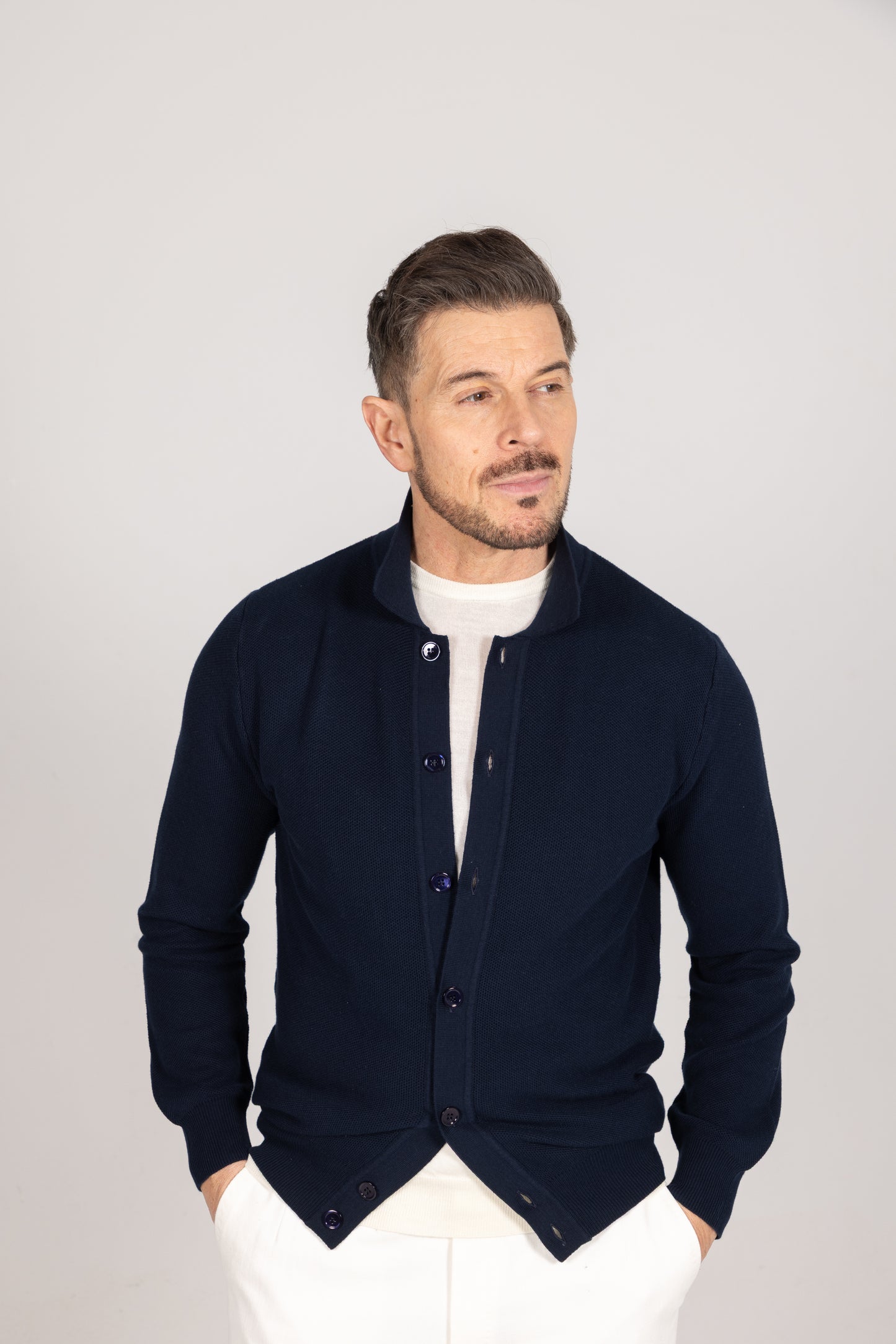 
                  
                    Polo Collar Cardigan in Dark Navy Piquet
                  
                
