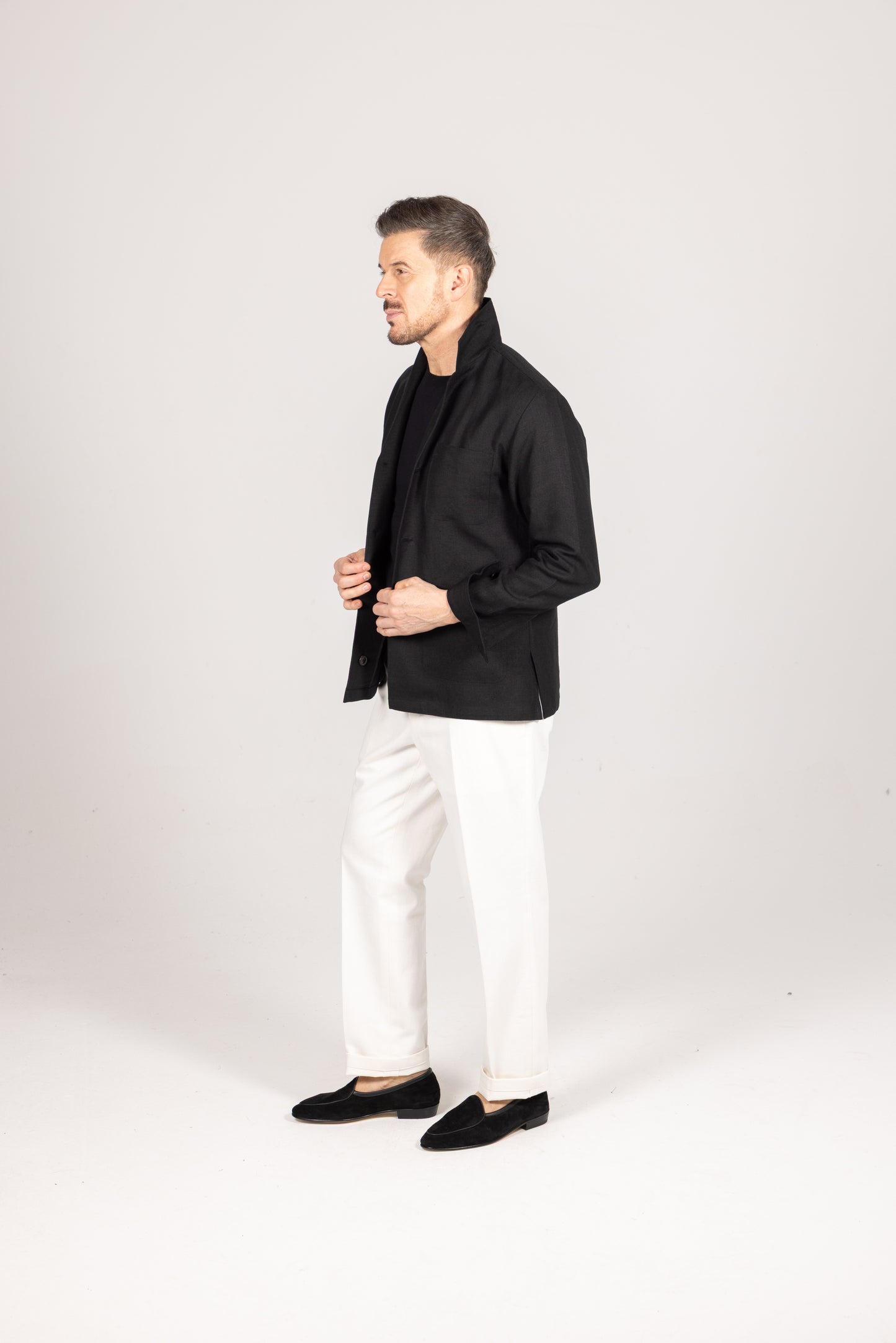 
                  
                    Painters Jacket in Black Linen
                  
                