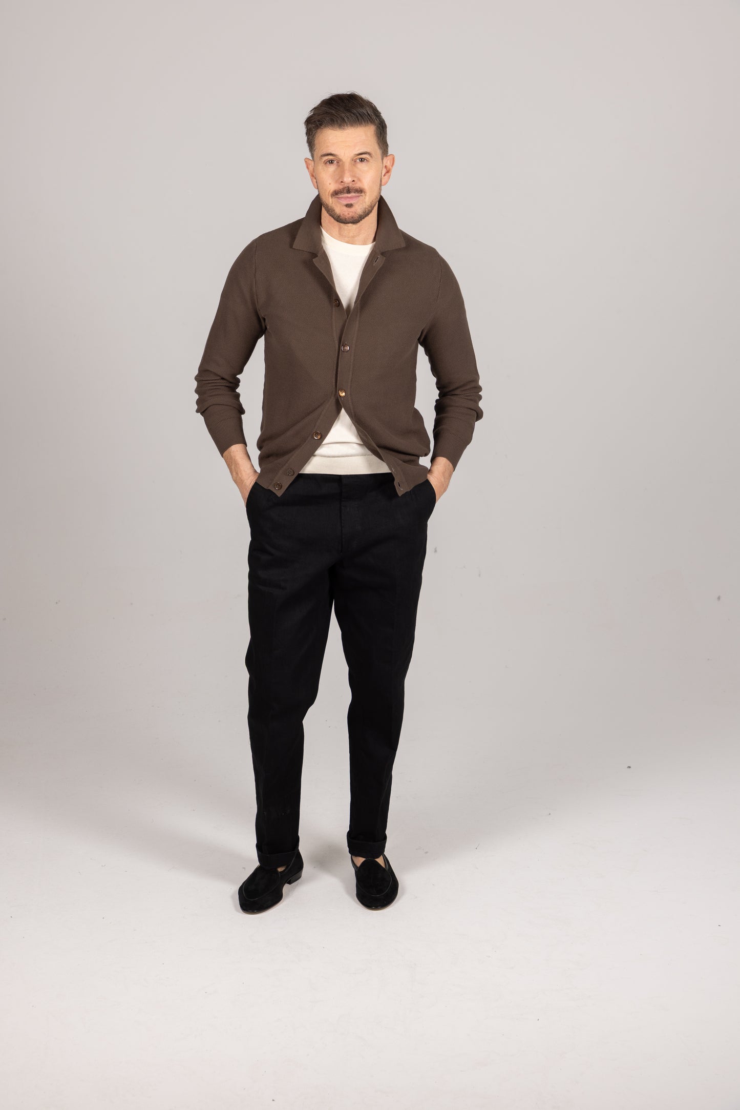 
                  
                    Polo Collar Cardigan in Chocolate Brown Piquet
                  
                