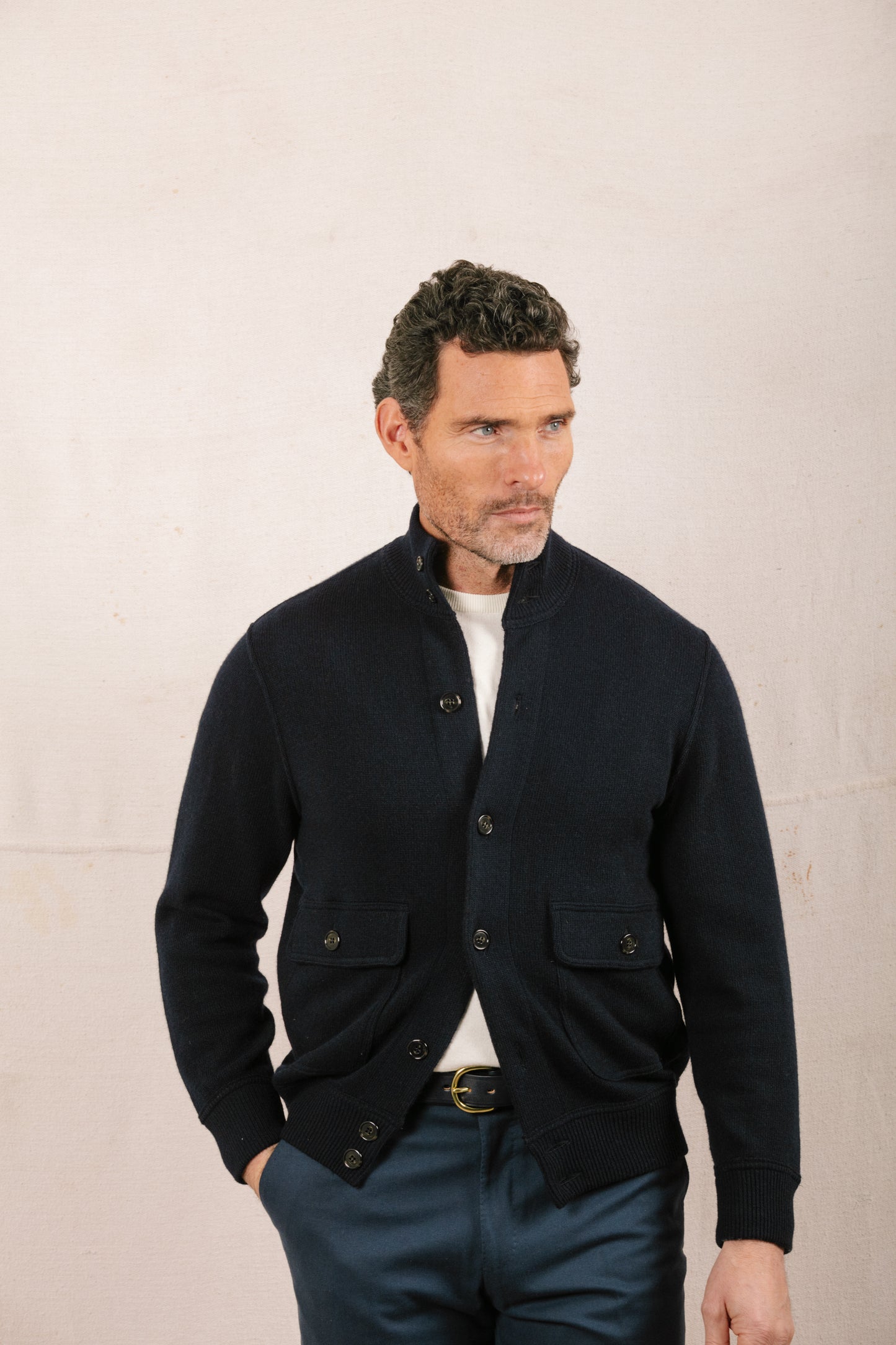 
                  
                    Knitted Bomber in Navy Blue
                  
                