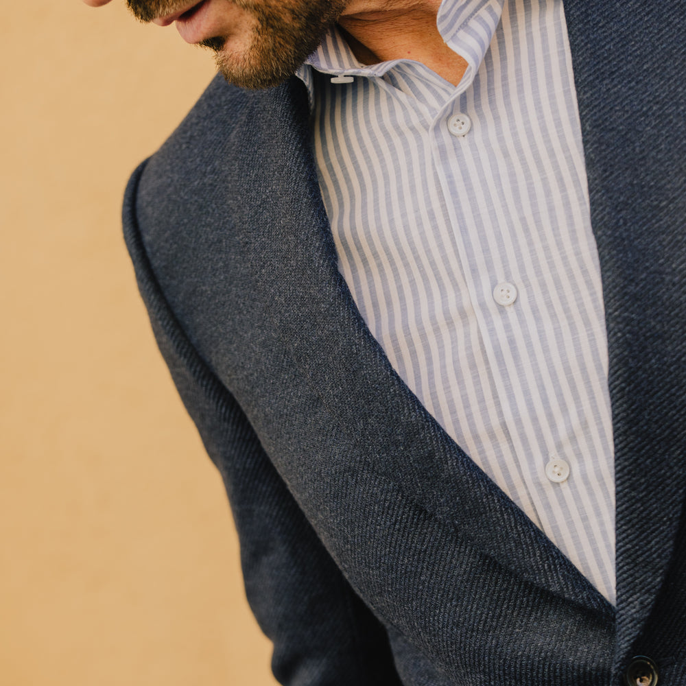 
                  
                    Cutaway Collar Shirt in Blue Stripe Soft Cotton
                  
                