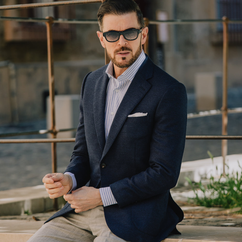 
                  
                    Cutaway Collar Shirt in Blue Stripe Soft Cotton
                  
                