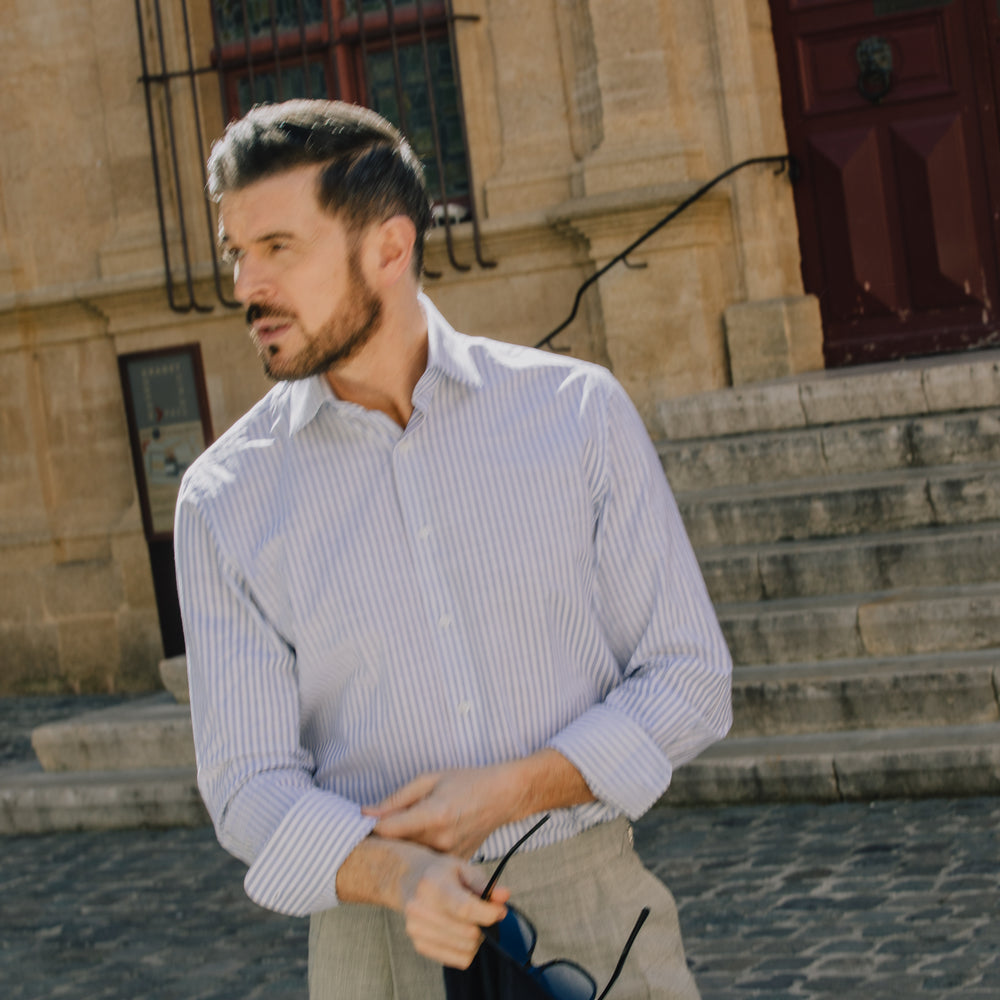 
                  
                    Cutaway Collar Shirt in Blue Stripe Soft Cotton
                  
                