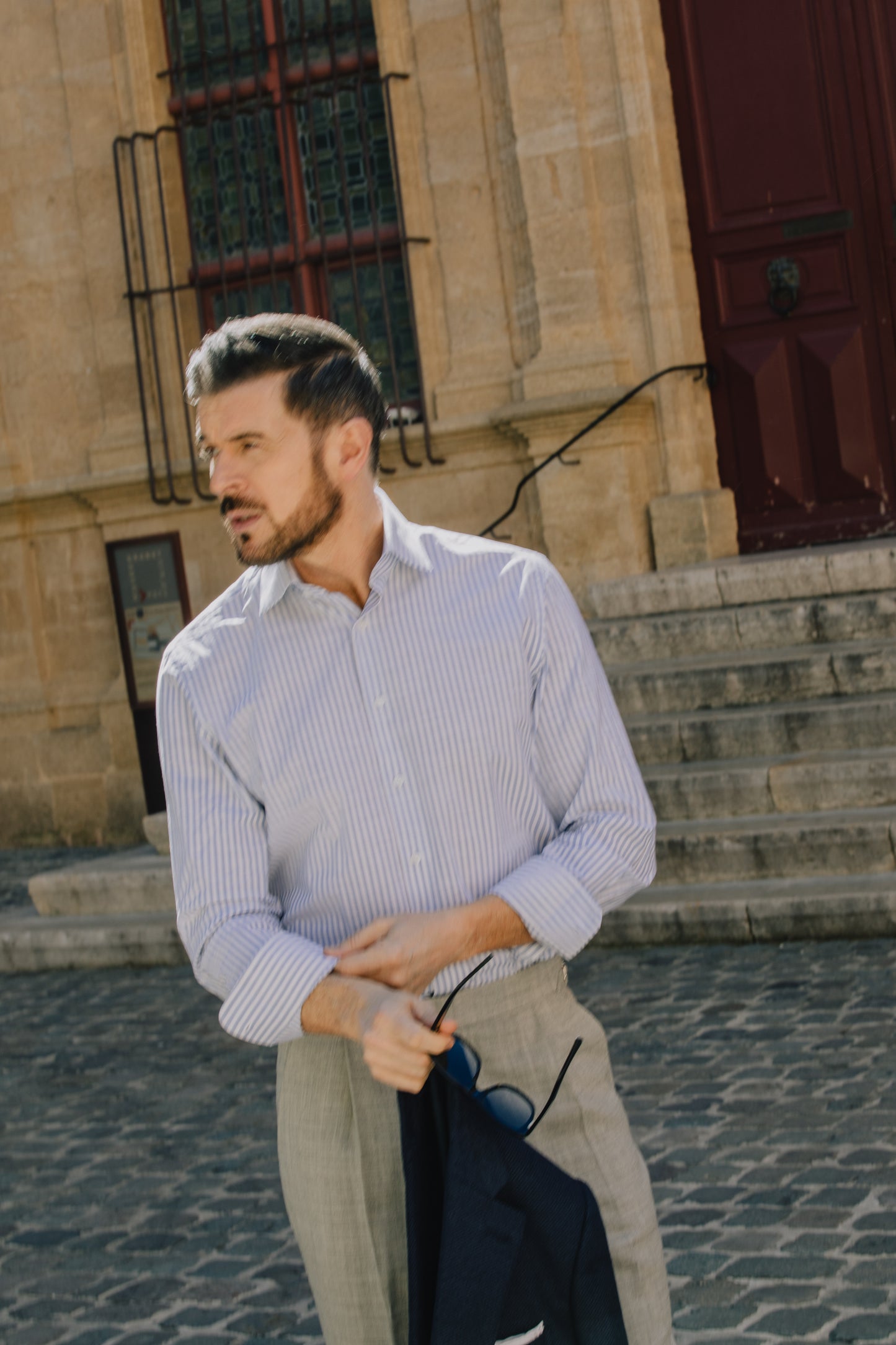 
                  
                    Cutaway Collar Shirt in Blue Stripe Soft Cotton
                  
                