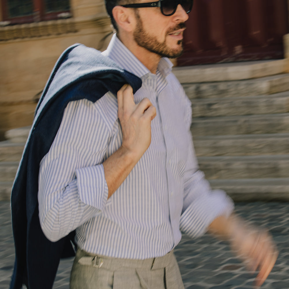 
                  
                    Cutaway Collar Shirt in Blue Stripe Soft Cotton
                  
                