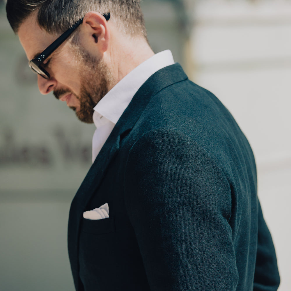 
                  
                    Single Breasted Notch Lapel Jacket in Navy Linen
                  
                