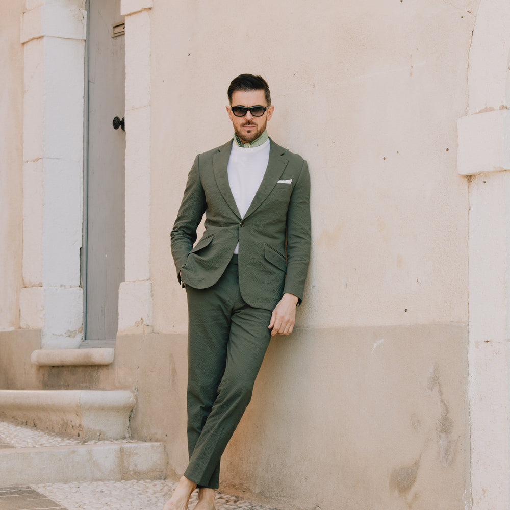 
                  
                    Single Breasted Notch Lapel Suit in Olive Seersucker
                  
                