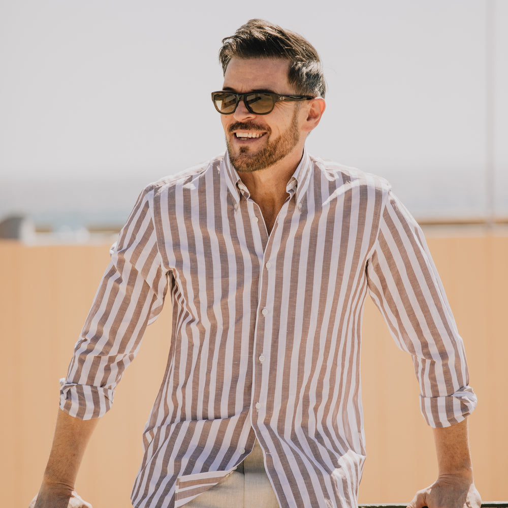 
                  
                    Button Down Shirt in Wide Brown Stripe
                  
                