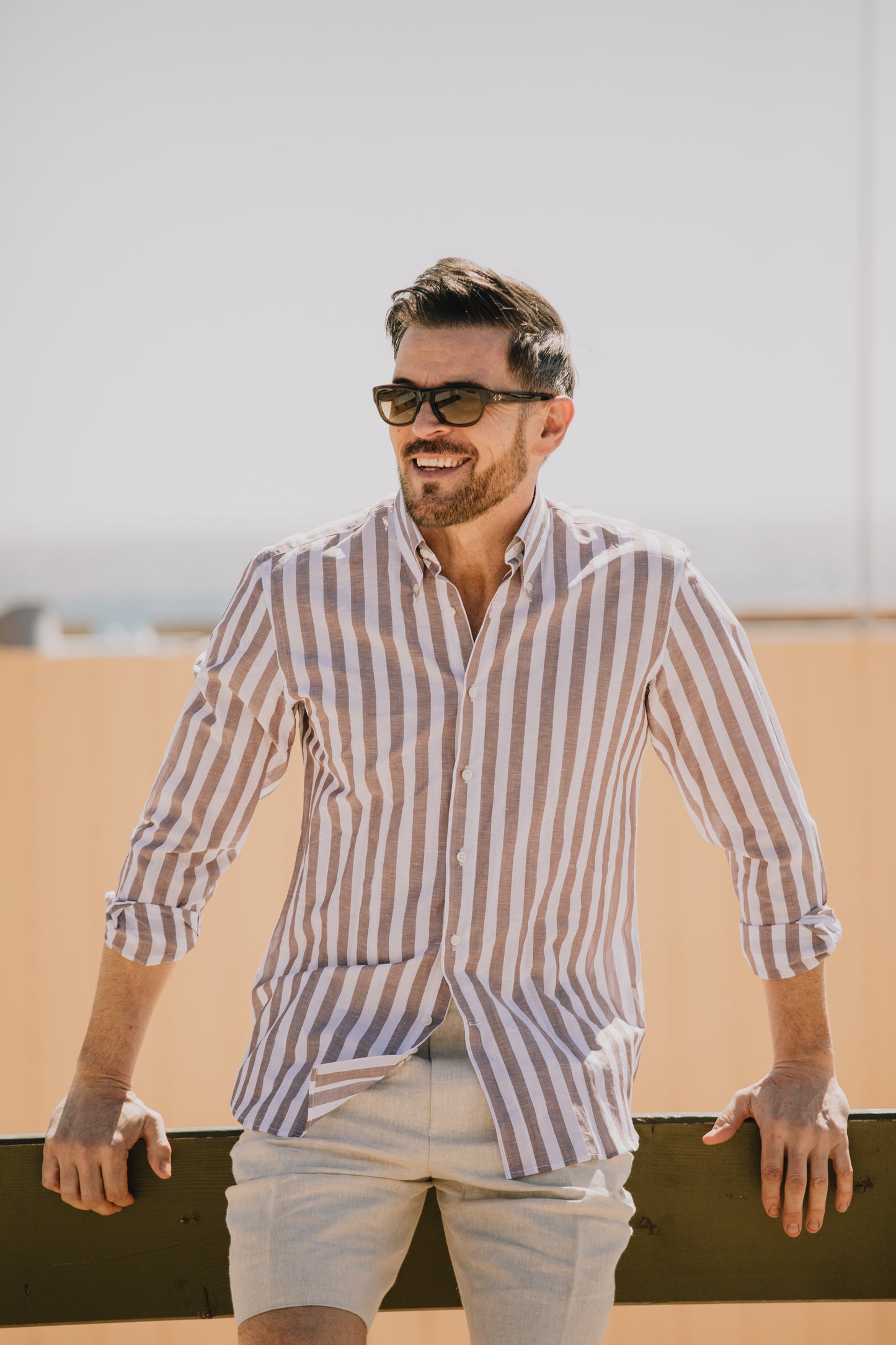 
                  
                    Button Down Shirt in Wide Brown Stripe
                  
                