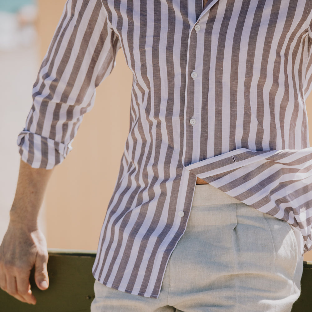 
                  
                    Button Down Shirt in Wide Brown Stripe
                  
                