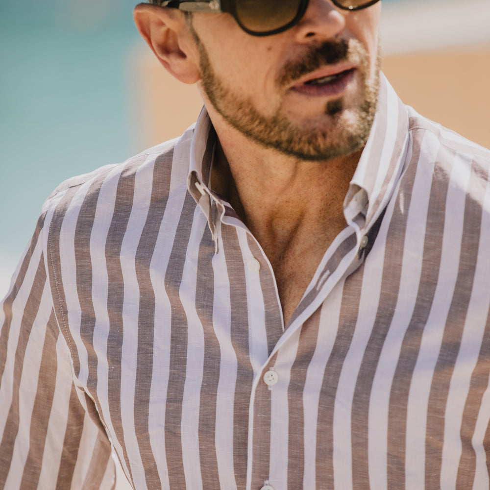 
                  
                    Button Down Shirt in Wide Brown Stripe
                  
                