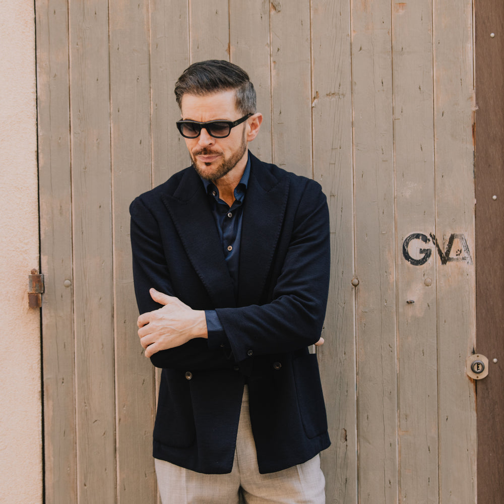 
                  
                    Casual Collar, Single Cuff Shirt in Navy Jersey
                  
                