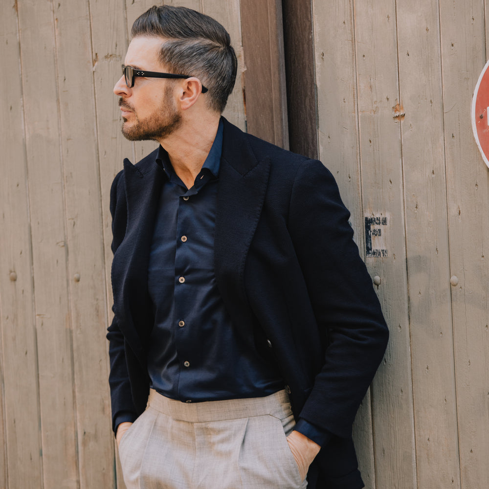 
                  
                    Casual Collar, Single Cuff Shirt in Navy Jersey
                  
                