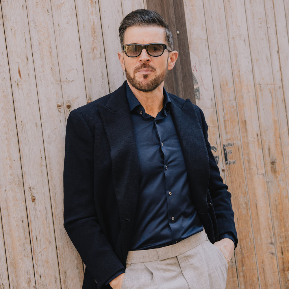 
                  
                    Casual Collar, Single Cuff Shirt in Navy Jersey
                  
                