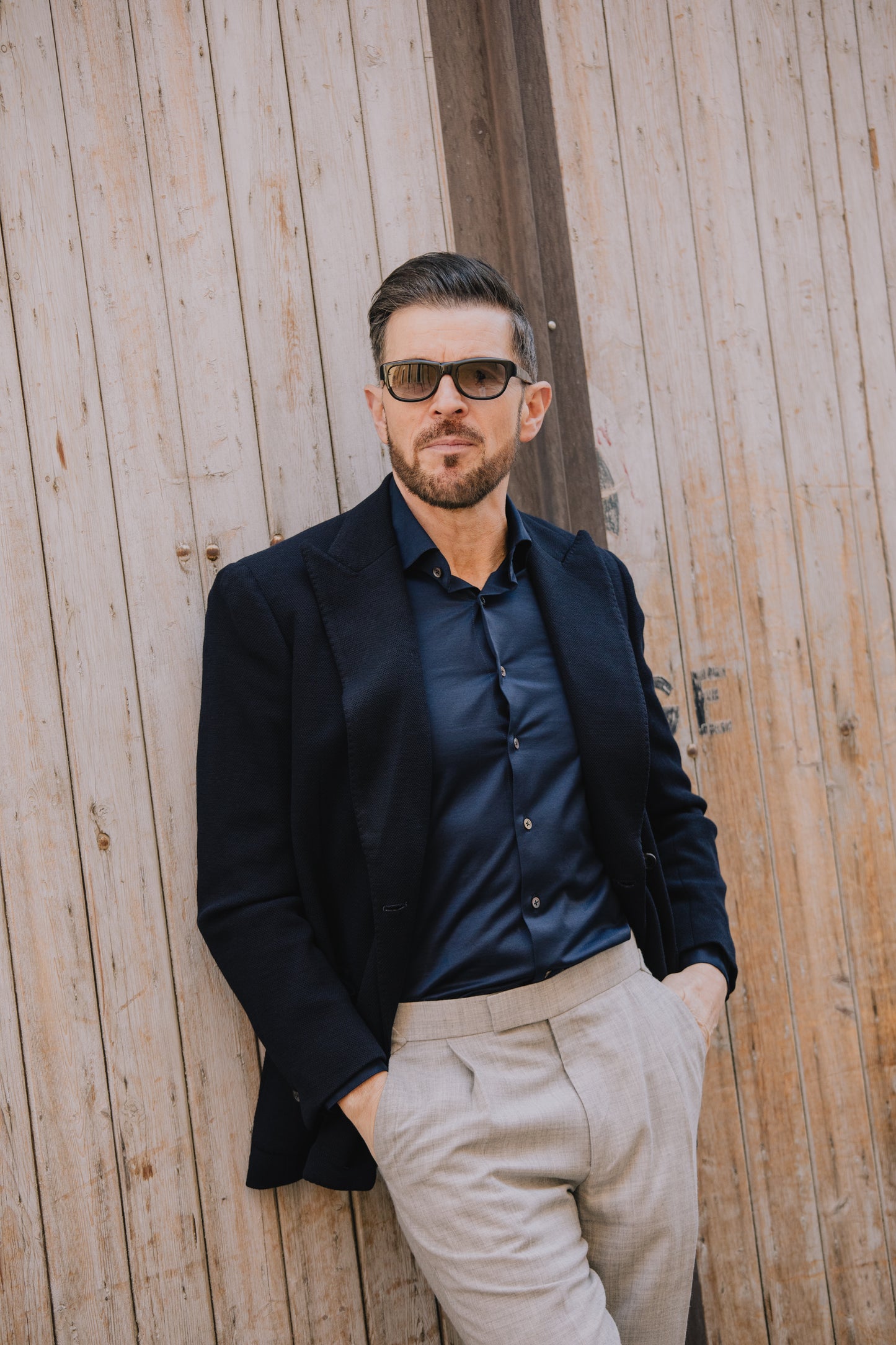 
                  
                    Casual Collar, Single Cuff Shirt in Navy Jersey
                  
                