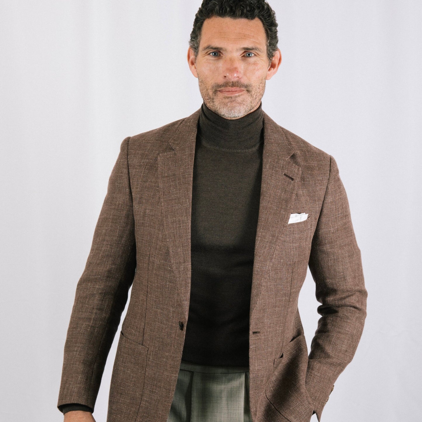 
                  
                    Notch Lapel Jacket in Chocolate Brown Wool, Silk & Linen Hopsack
                  
                
