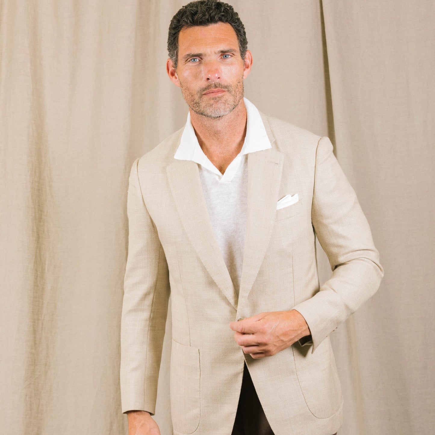 
                  
                    Notch Lapel Jacket in Cream Wool, Silk & Linen Hopsack
                  
                