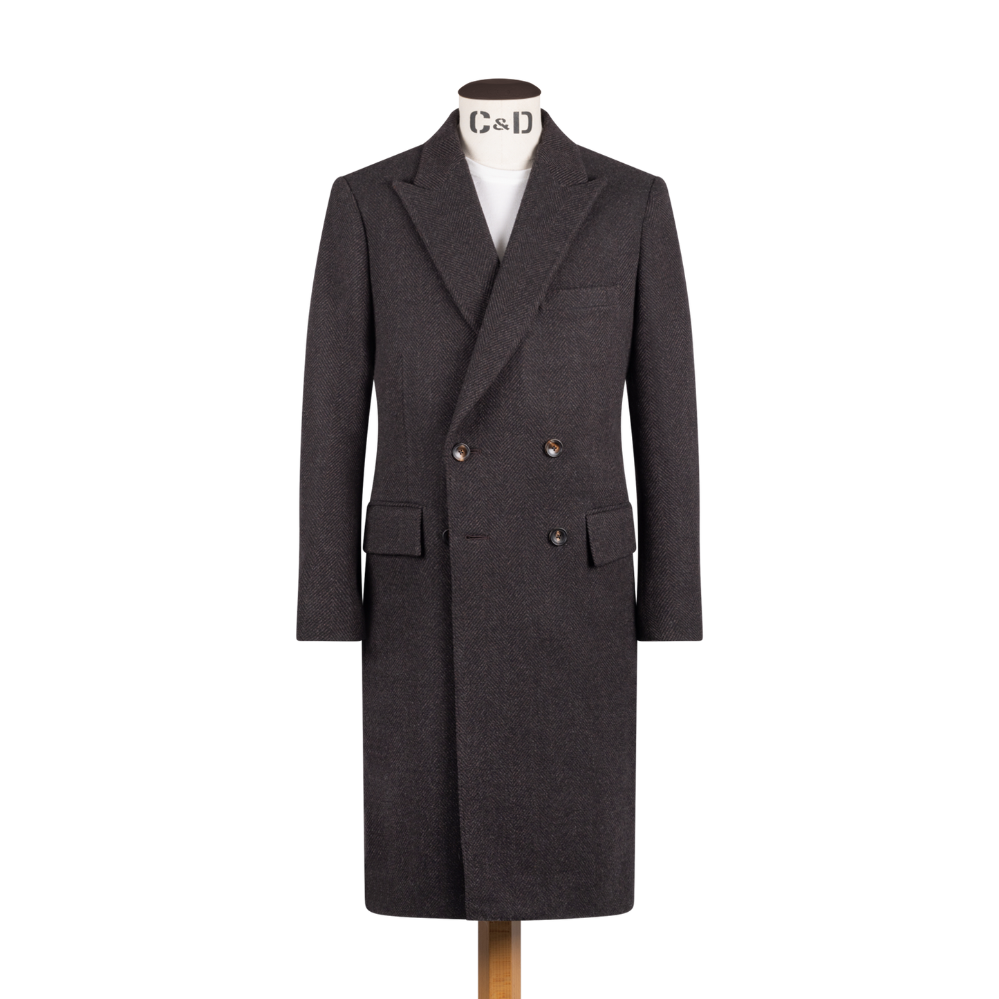 Double Breasted Peak Overcoat in Brown Herringbone Cad The Dandy Savile Row