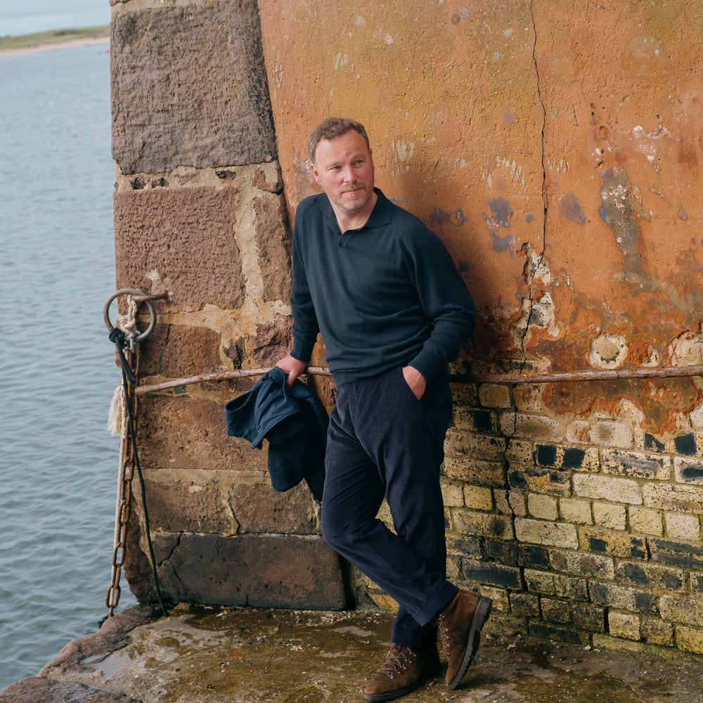 
                  
                    Flat Front Trouser in Navy Cashmere Mix Corduroy
                  
                