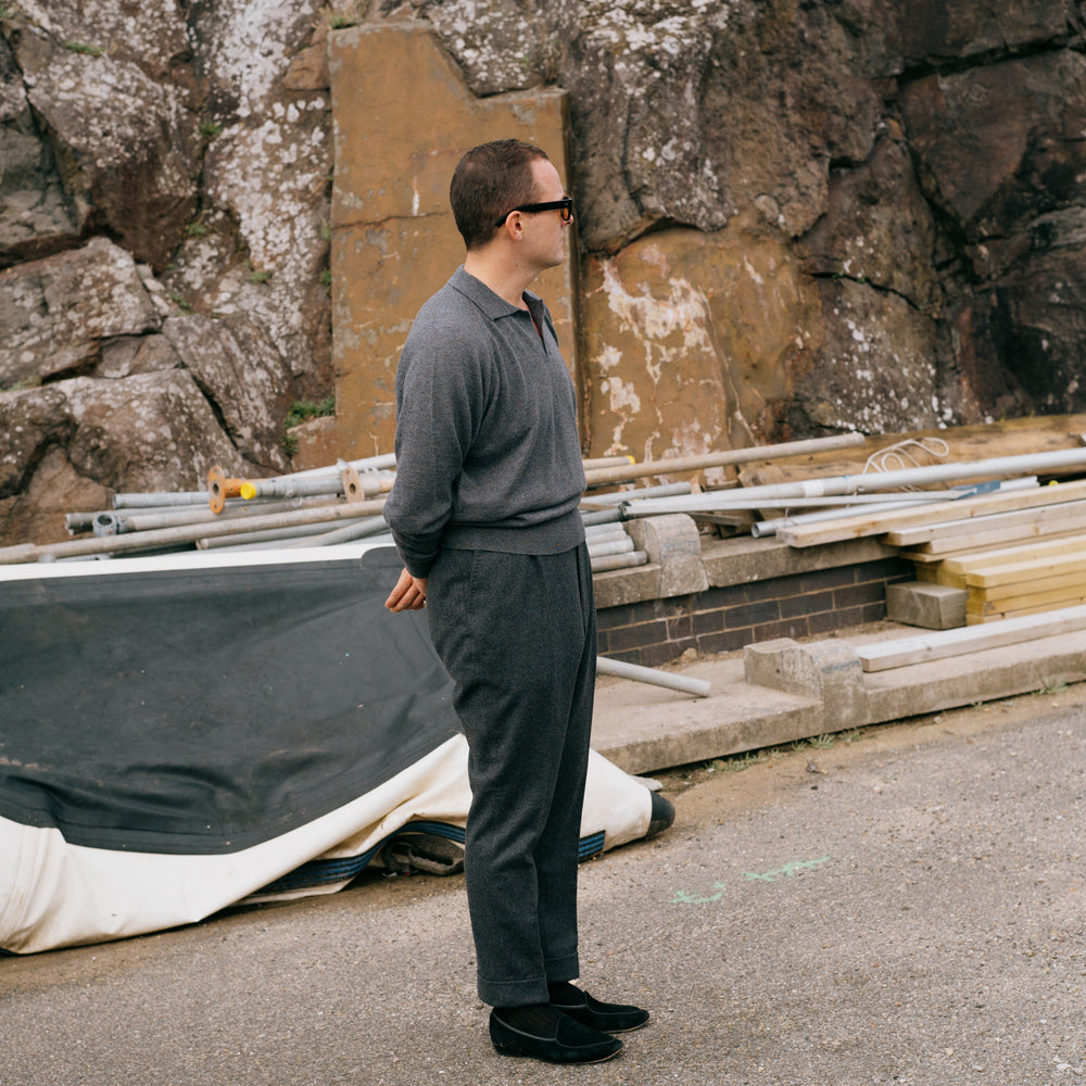 
                  
                    Pleat Front Trouser in Charcoal Grey Flannel
                  
                