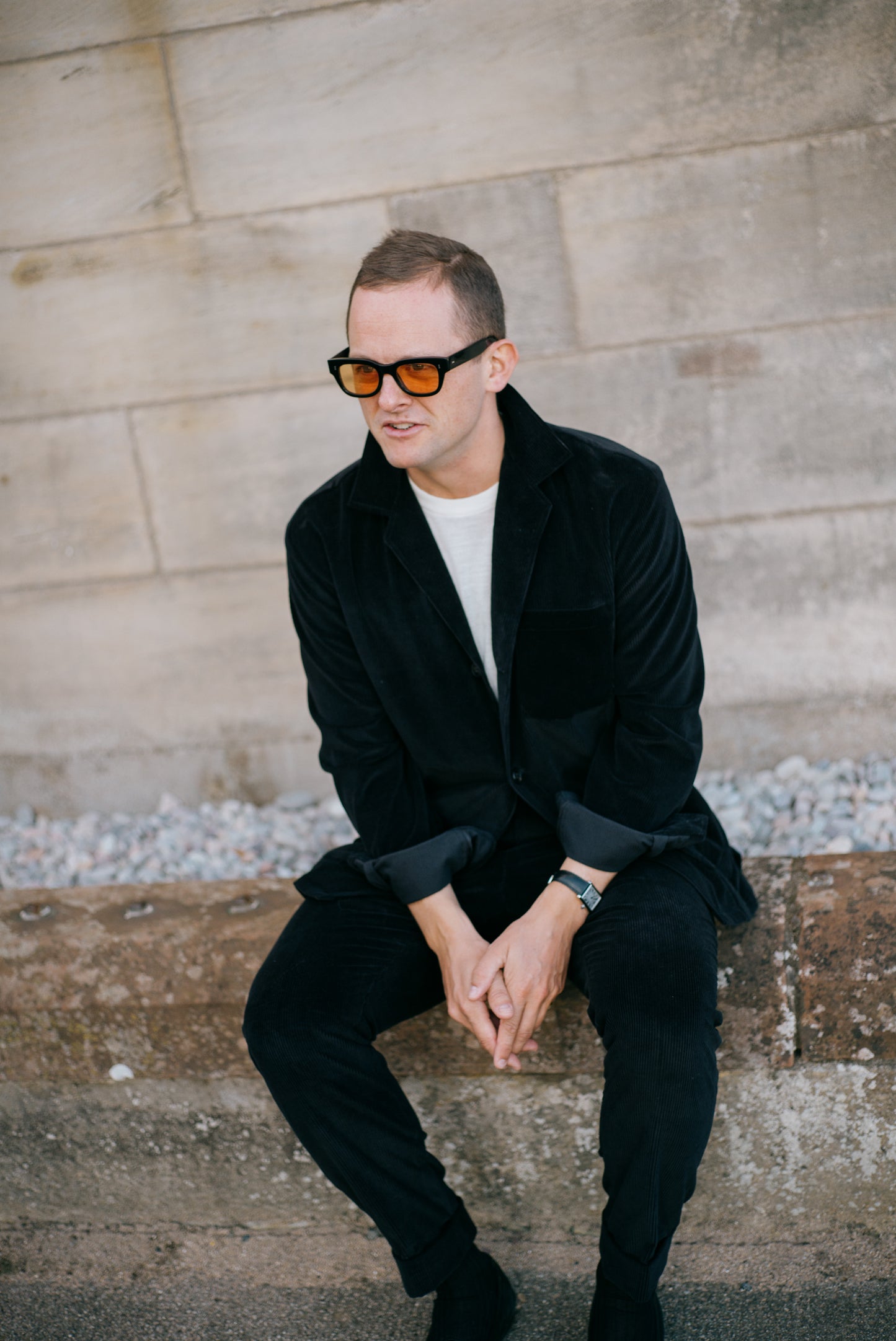 
                  
                    Flat Front Trouser in Black Cashmere Mix Corduroy
                  
                