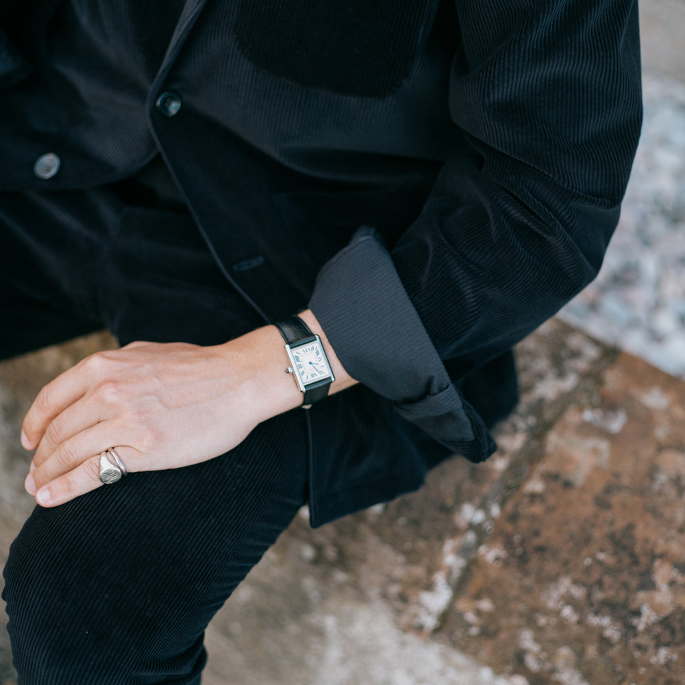 
                  
                    Flat Front Trouser in Black Cashmere Mix Corduroy
                  
                