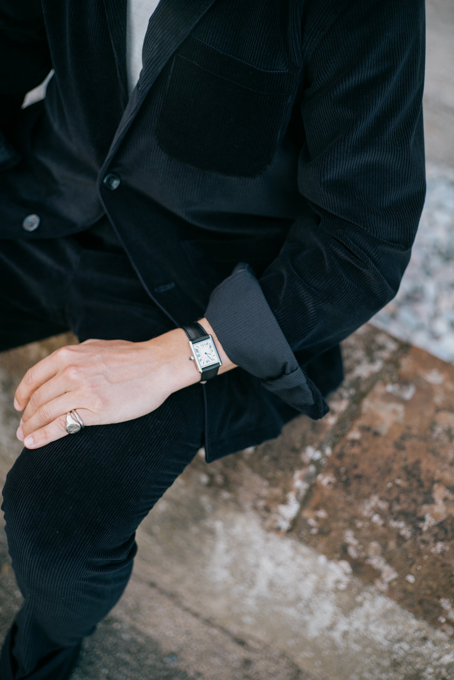 
                  
                    Flat Front Trouser in Black Cashmere Mix Corduroy
                  
                