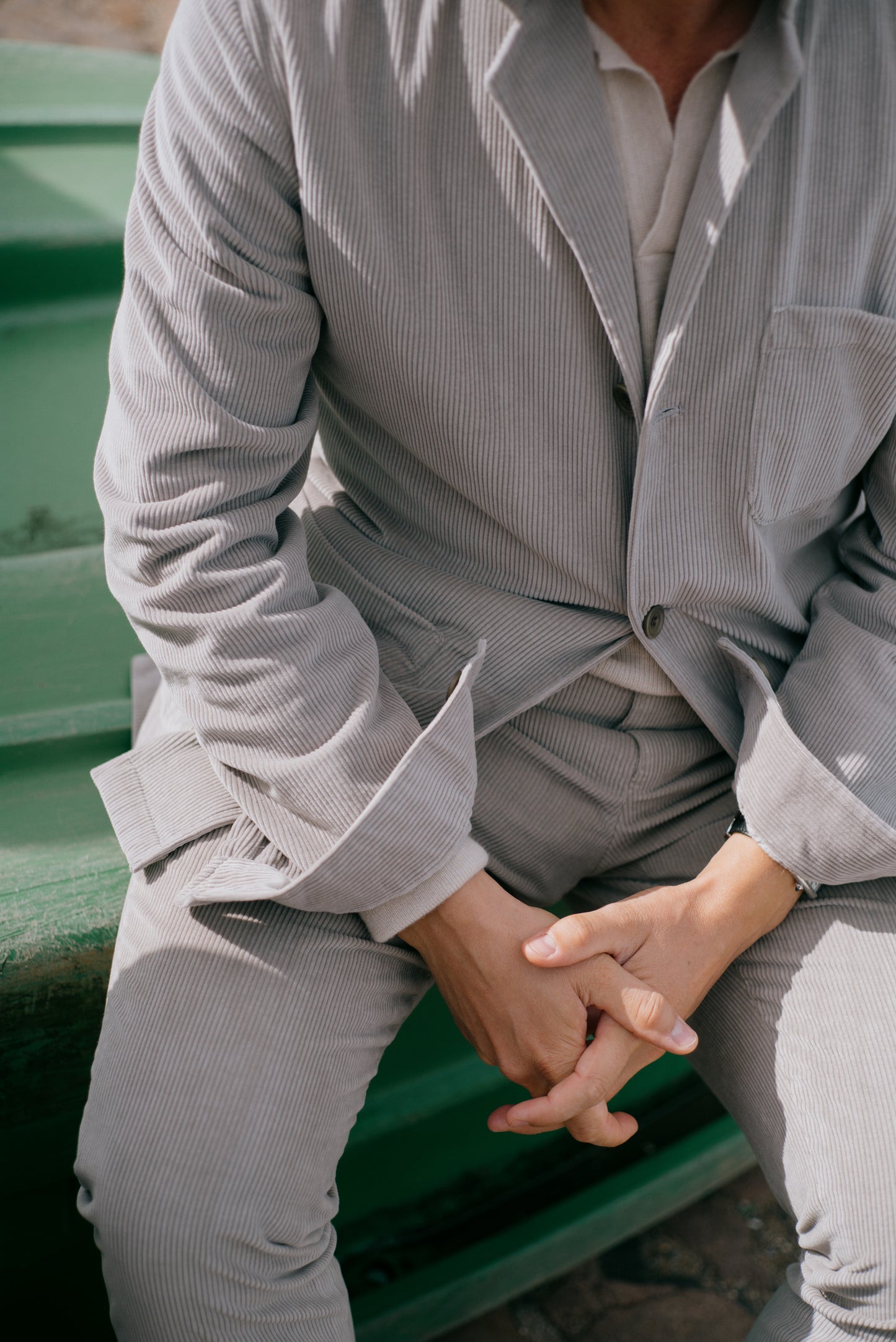 
                  
                    Flat Front Trouser in Putty Cashmere Mix Corduroy
                  
                