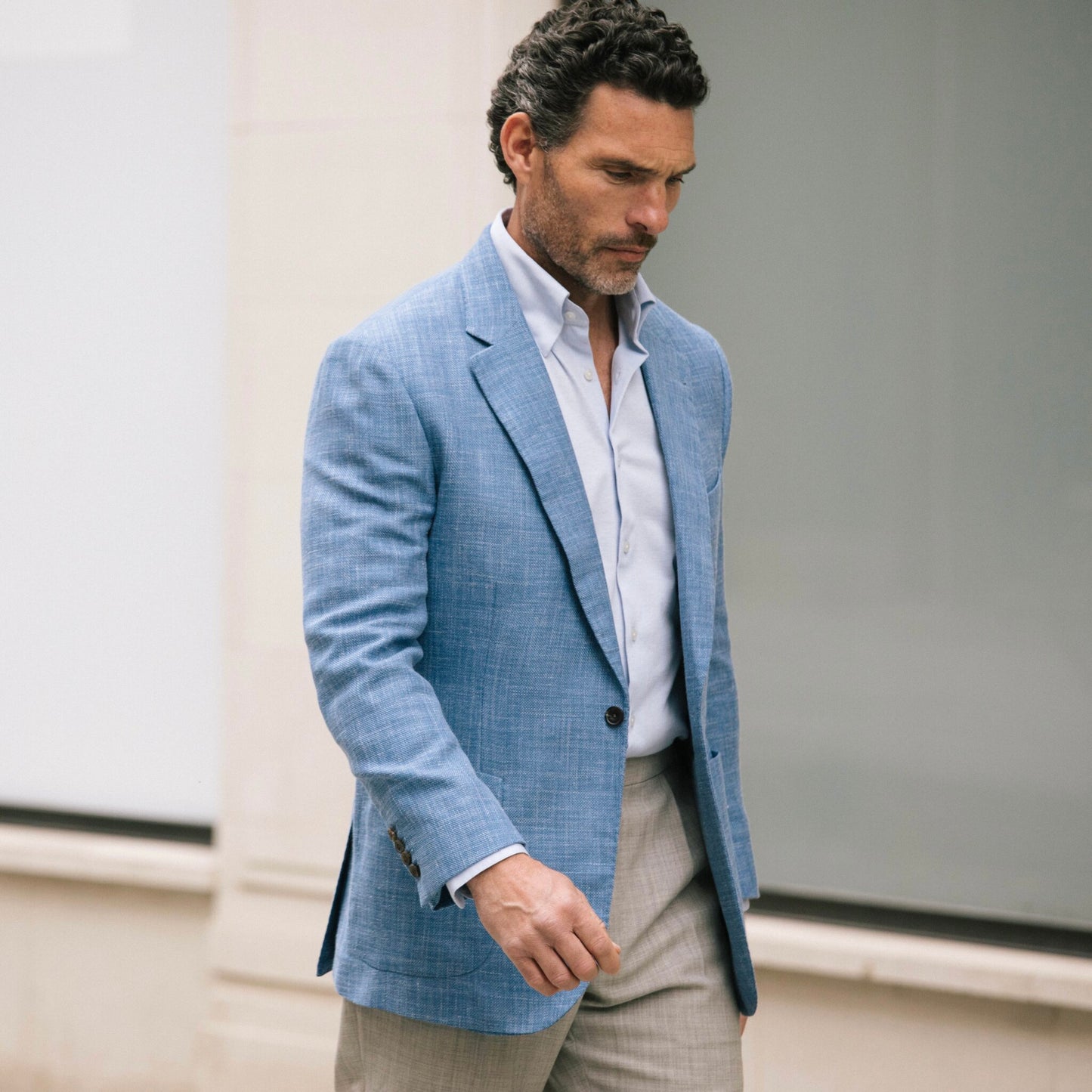 
                  
                    Notch Lapel Jacket in Light Blue Wool, Silk & Linen Hopsack
                  
                