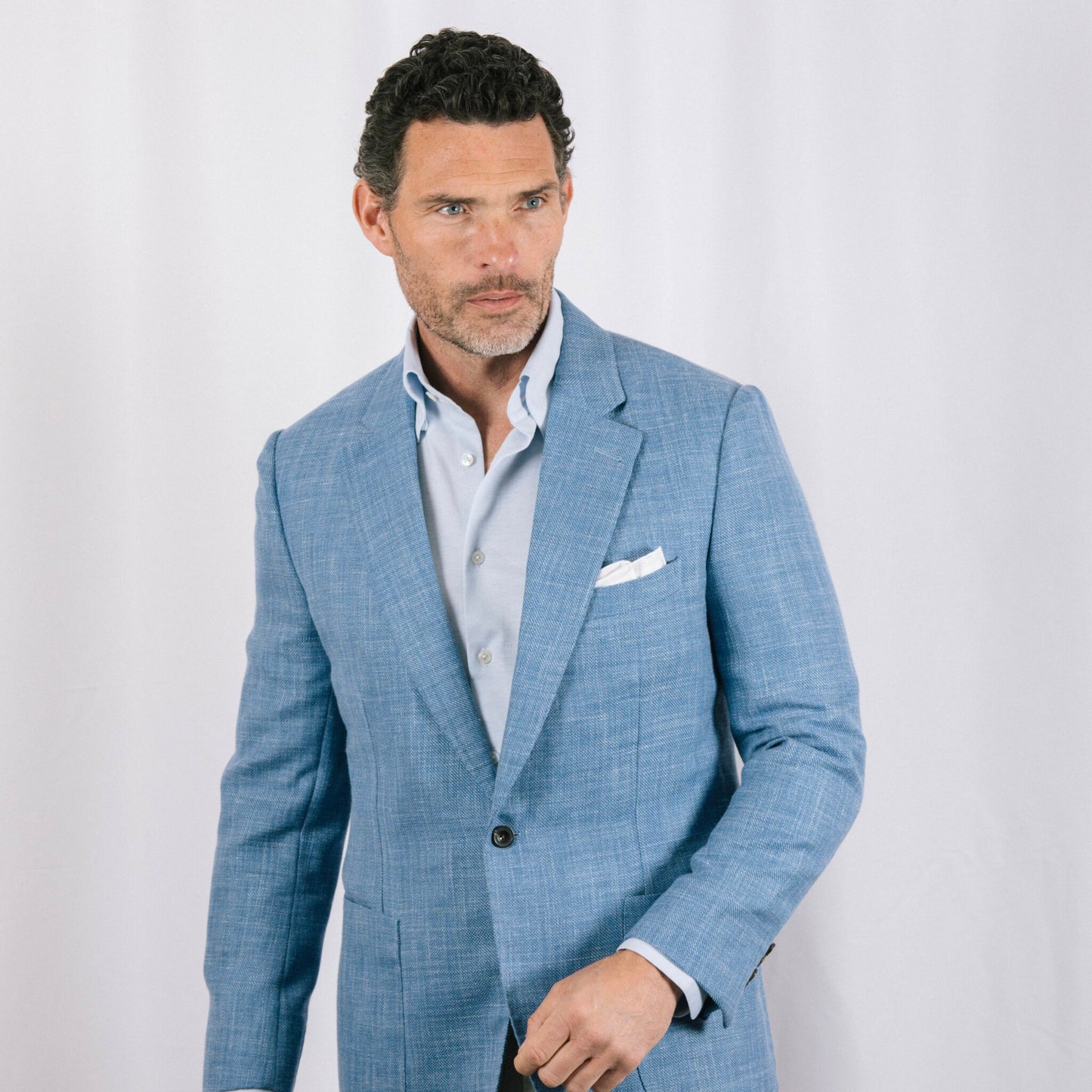 
                  
                    Notch Lapel Jacket in Light Blue Wool, Silk & Linen Hopsack
                  
                